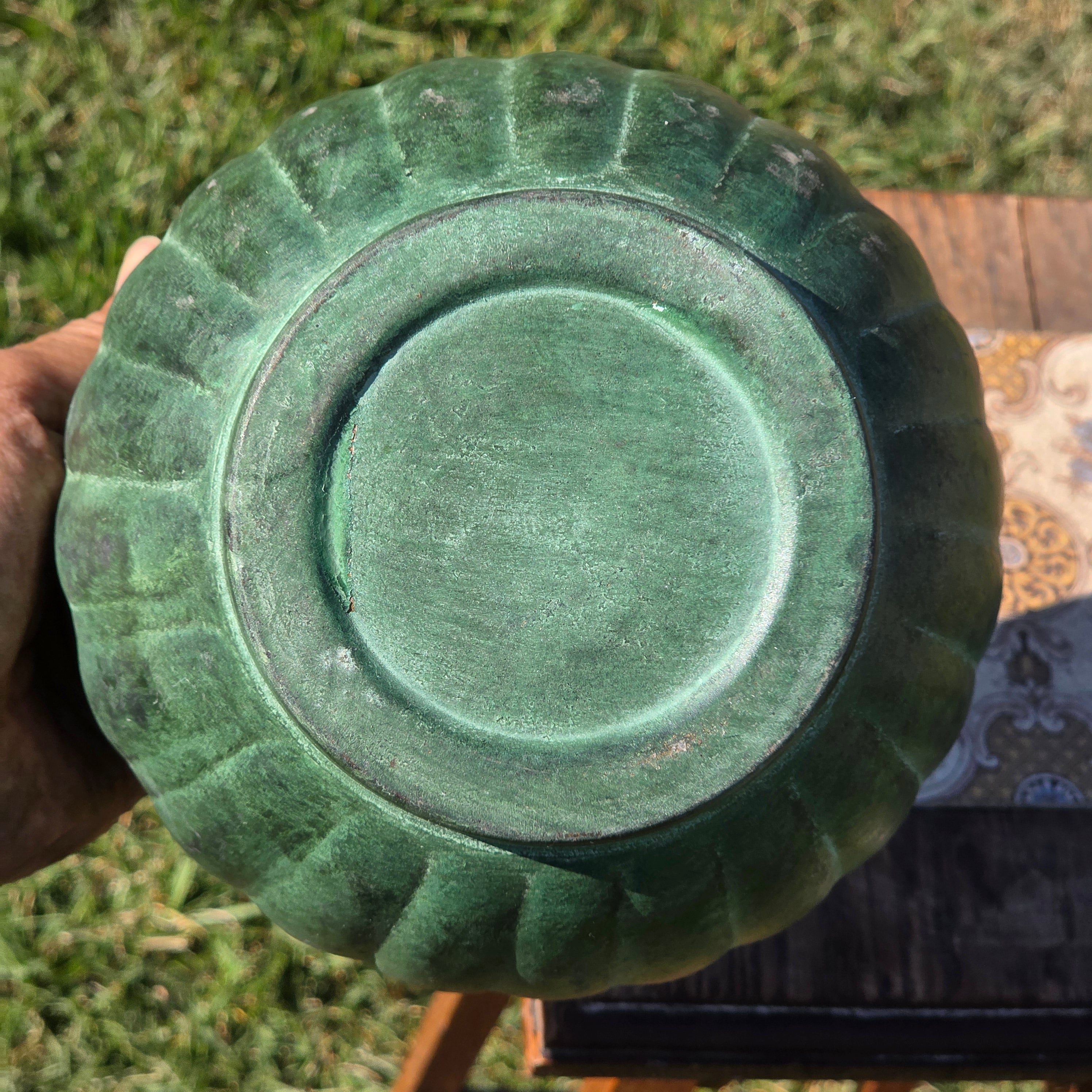 Vintage Verdigris Green Metal Cachepot Planter Pot Fluted Ribbed Flower Urn 7"