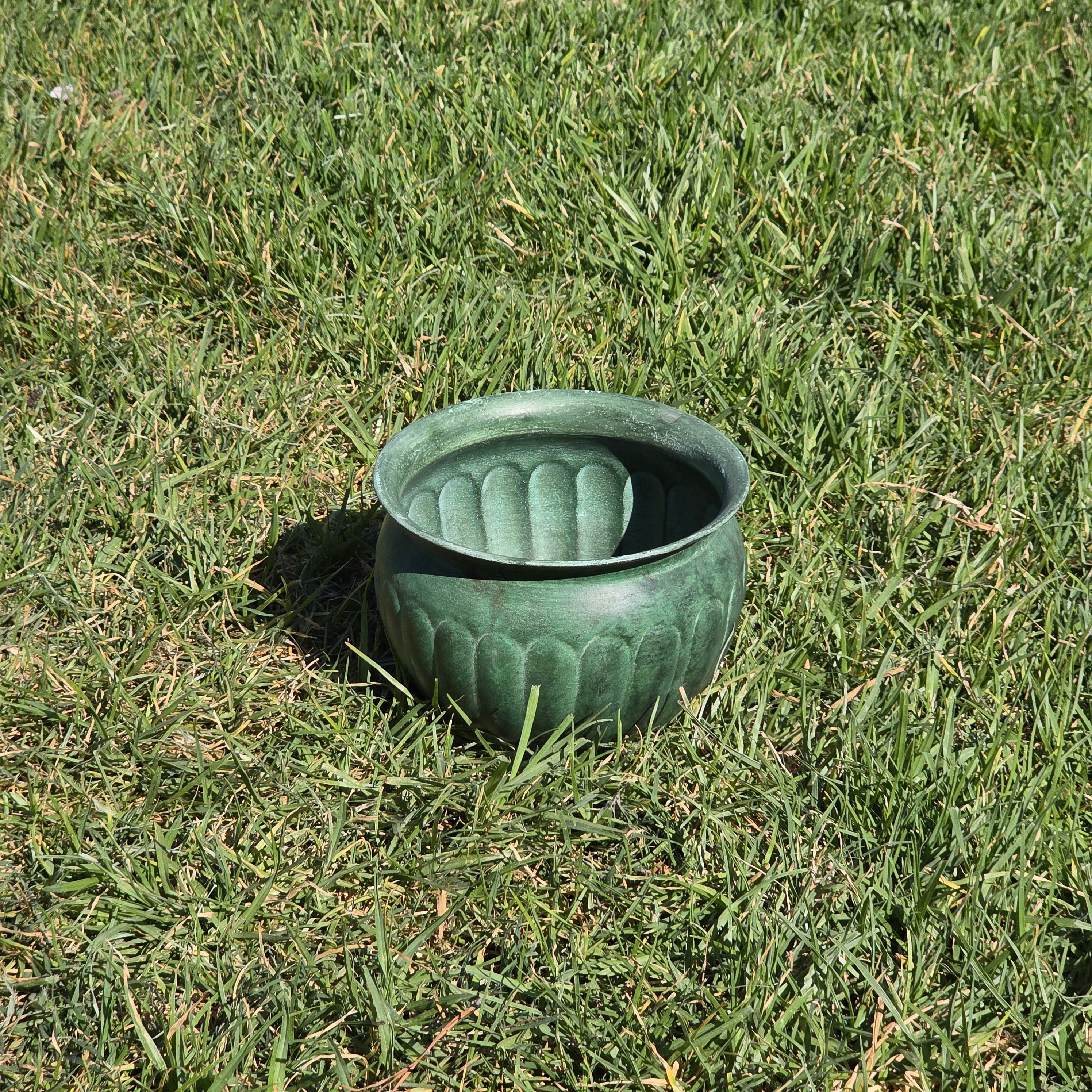 Vintage Verdigris Green Metal Cachepot Planter Pot Fluted Ribbed Flower Urn 7"
