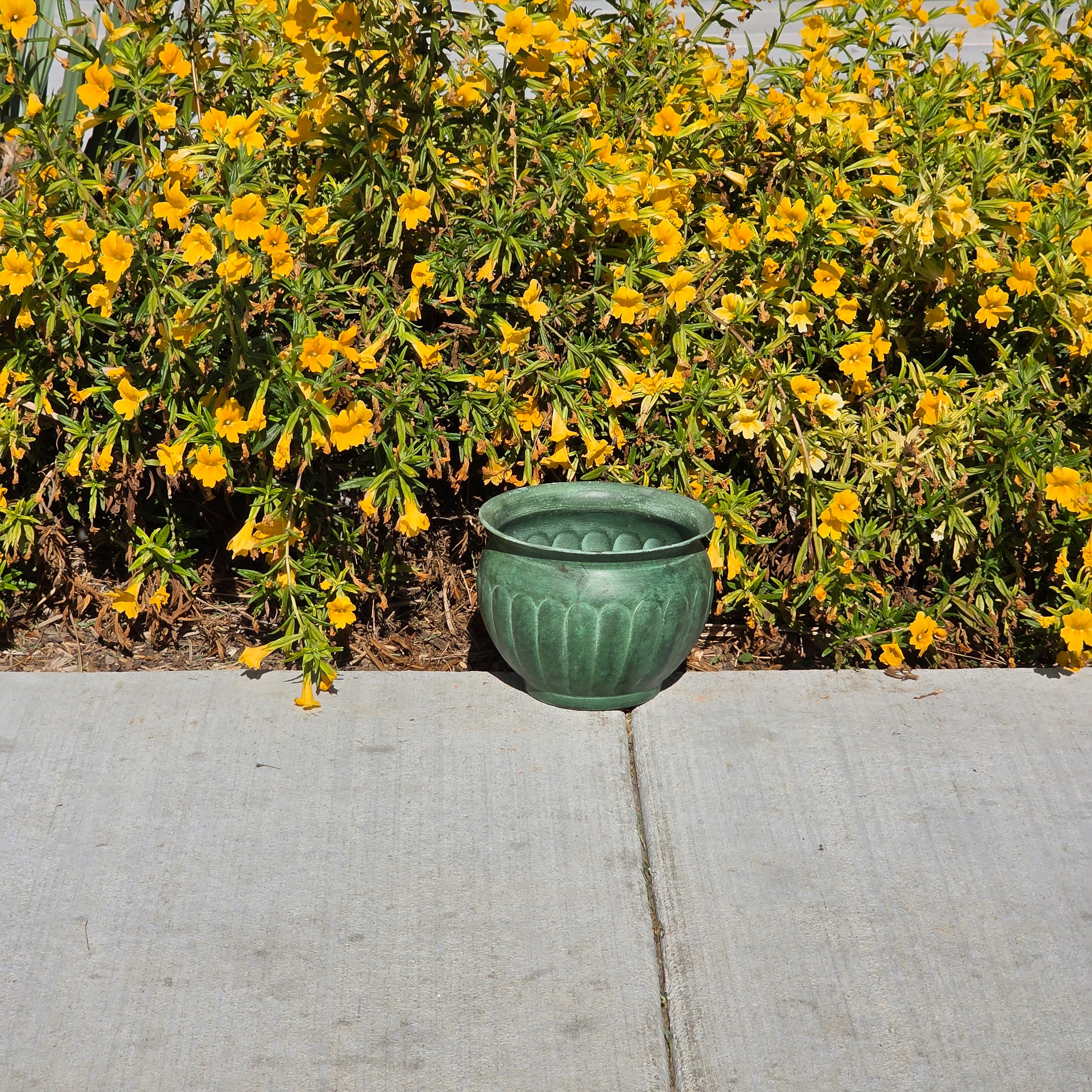 Vintage Verdigris Green Metal Cachepot Planter Pot Fluted Ribbed Flower Urn 7"