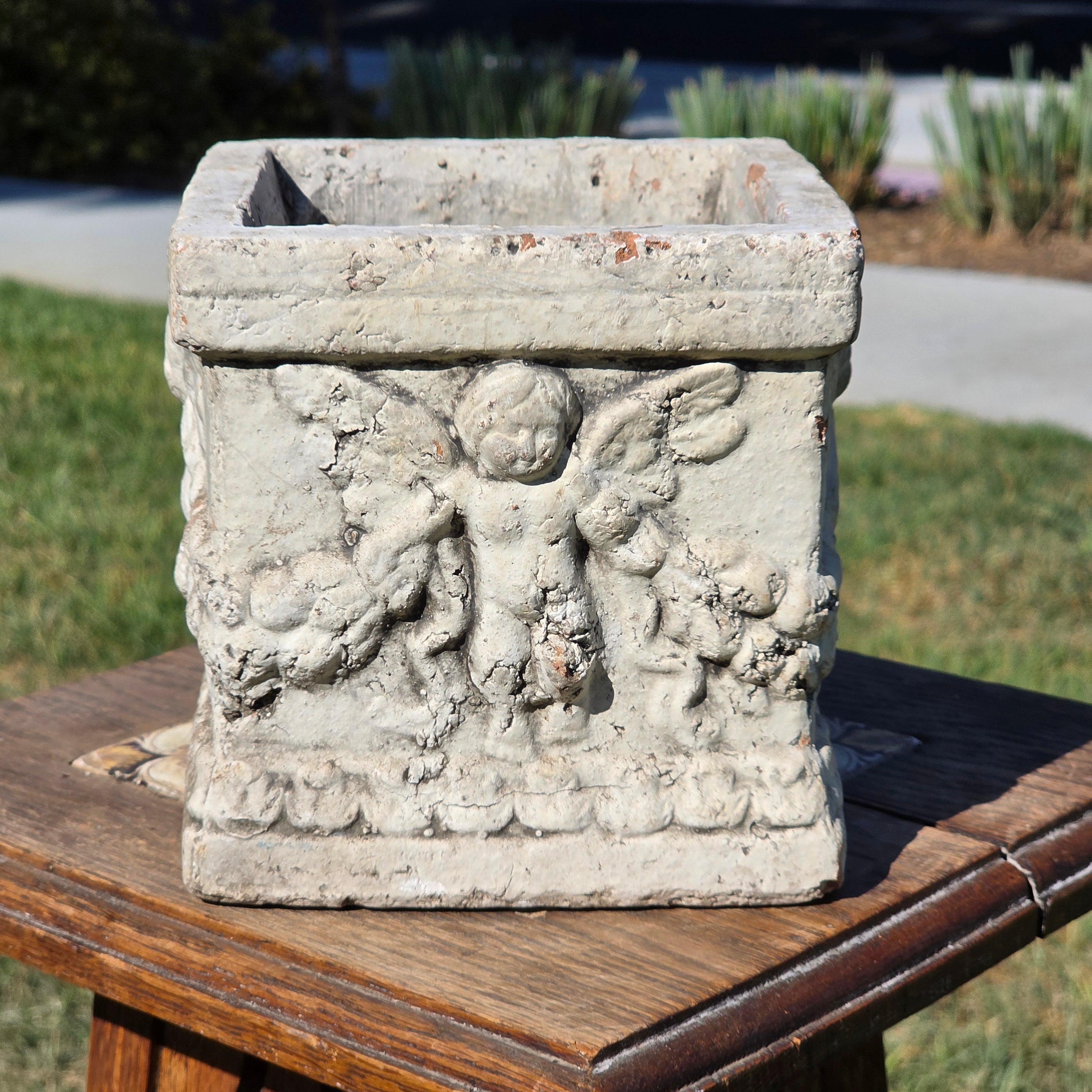 Vintage Terracotta Cherub Planter Square Clay Cupid Angel Flower Pot Shabby