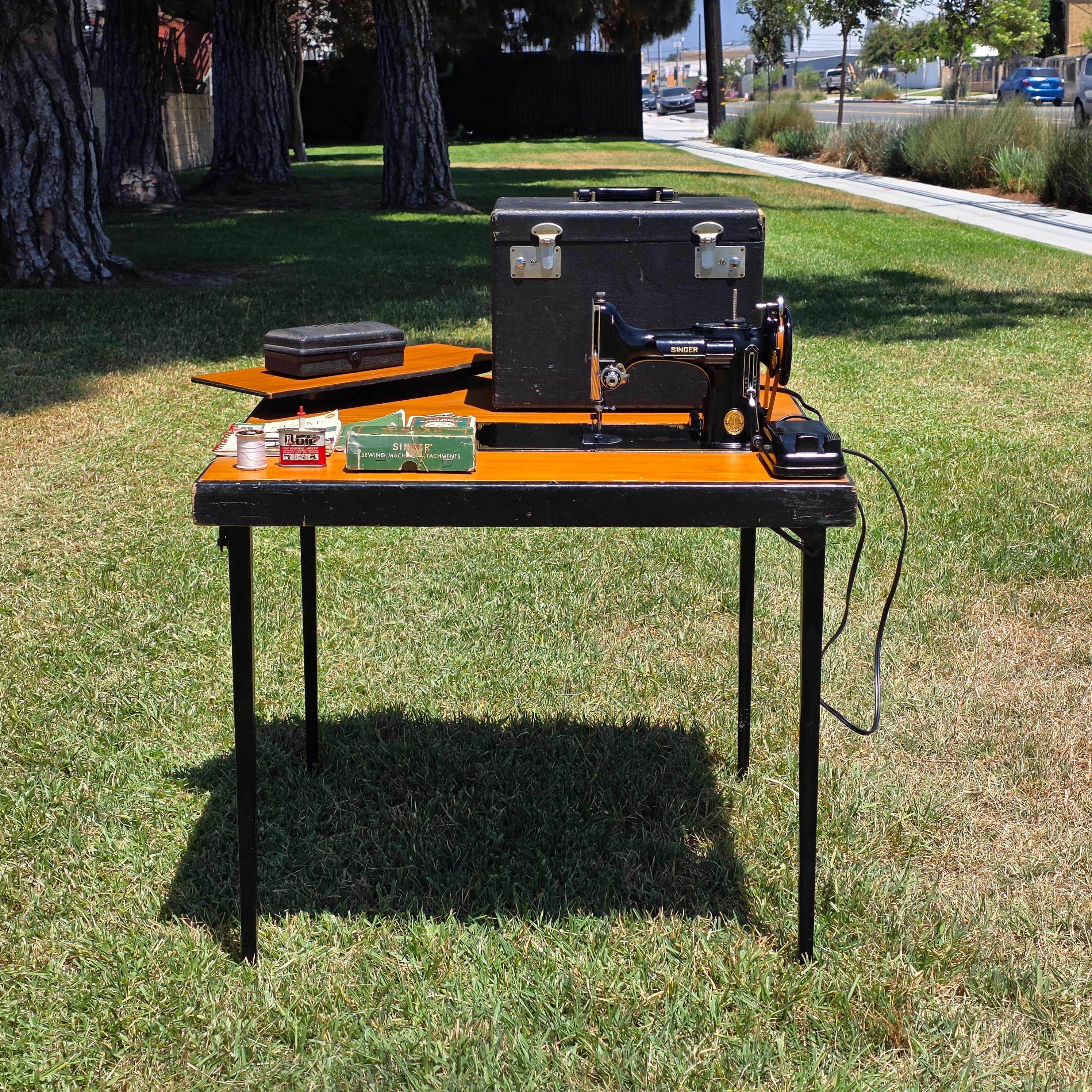 1948 Singer 221 Featherweight Sewing Machine Table Combo Set Case Box Black