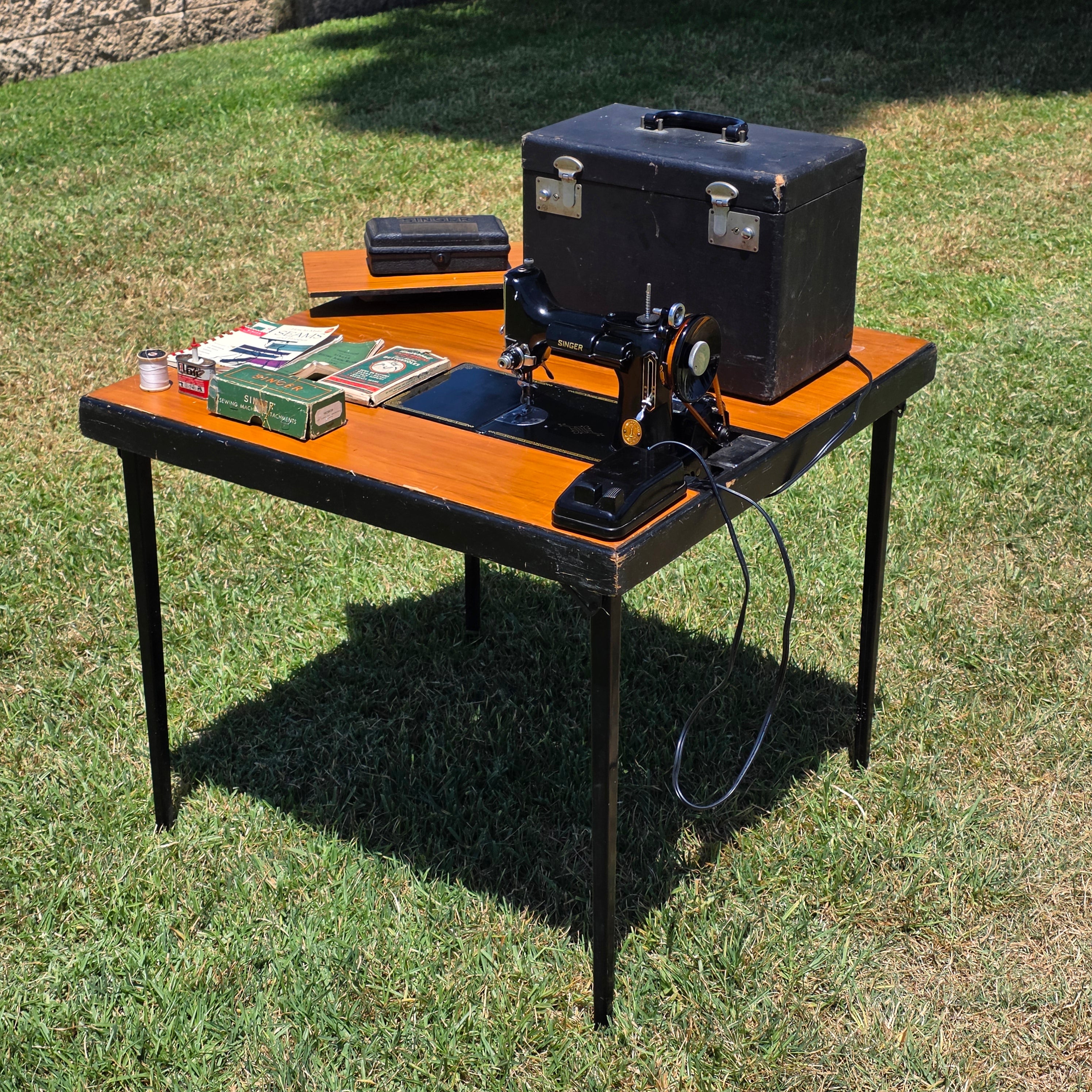 1948 Singer 221 Featherweight Sewing Machine Table Combo Set Case Box Black