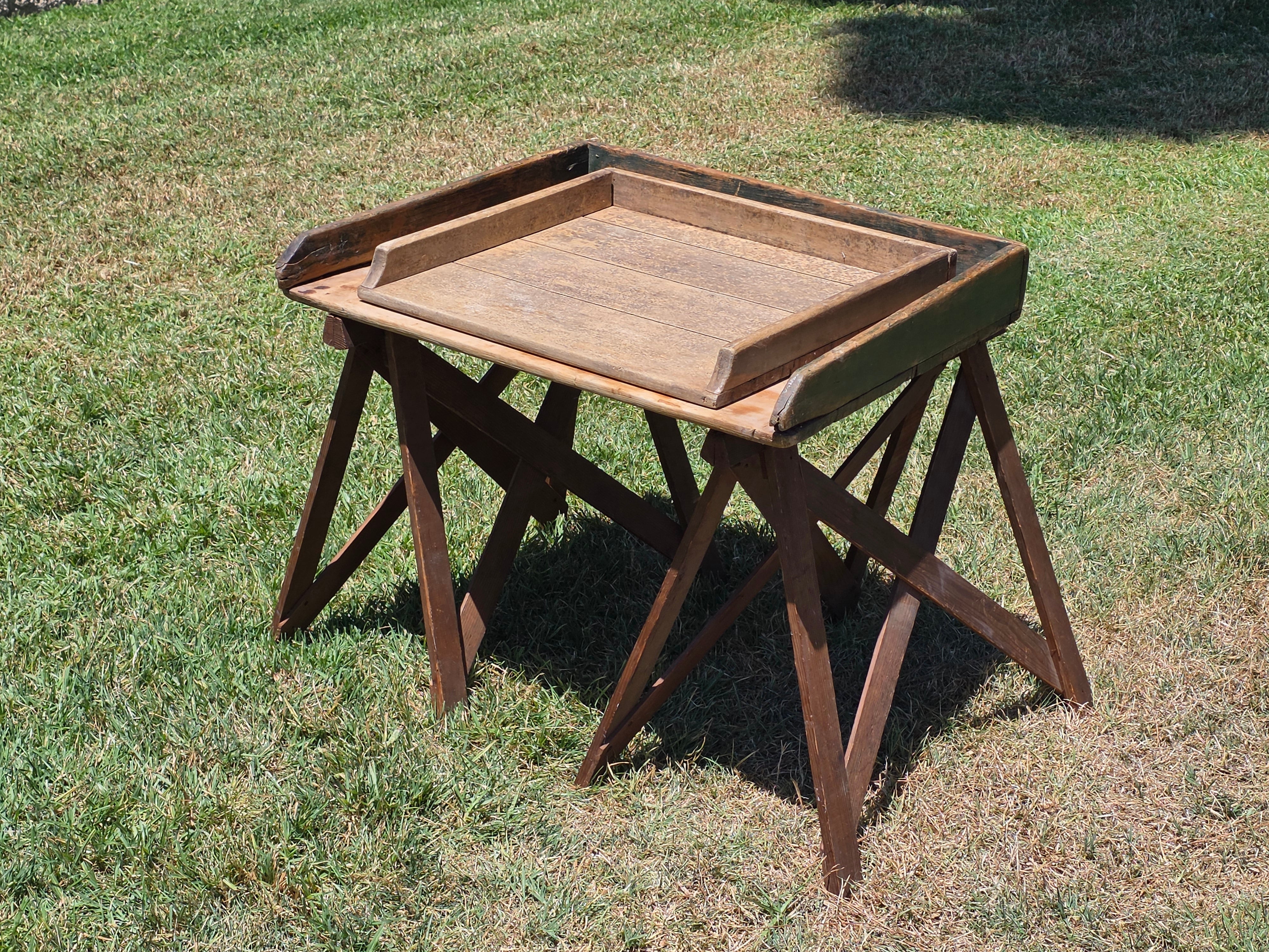 Farmers Sawhorse Display Market Table Antique Primitive Wood Tray Vegetables