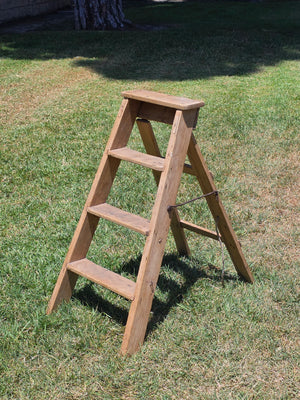 Vintage Wood Step Ladder Antique Wrought Iron Hardware Farmhouse Plant Stand 3ft