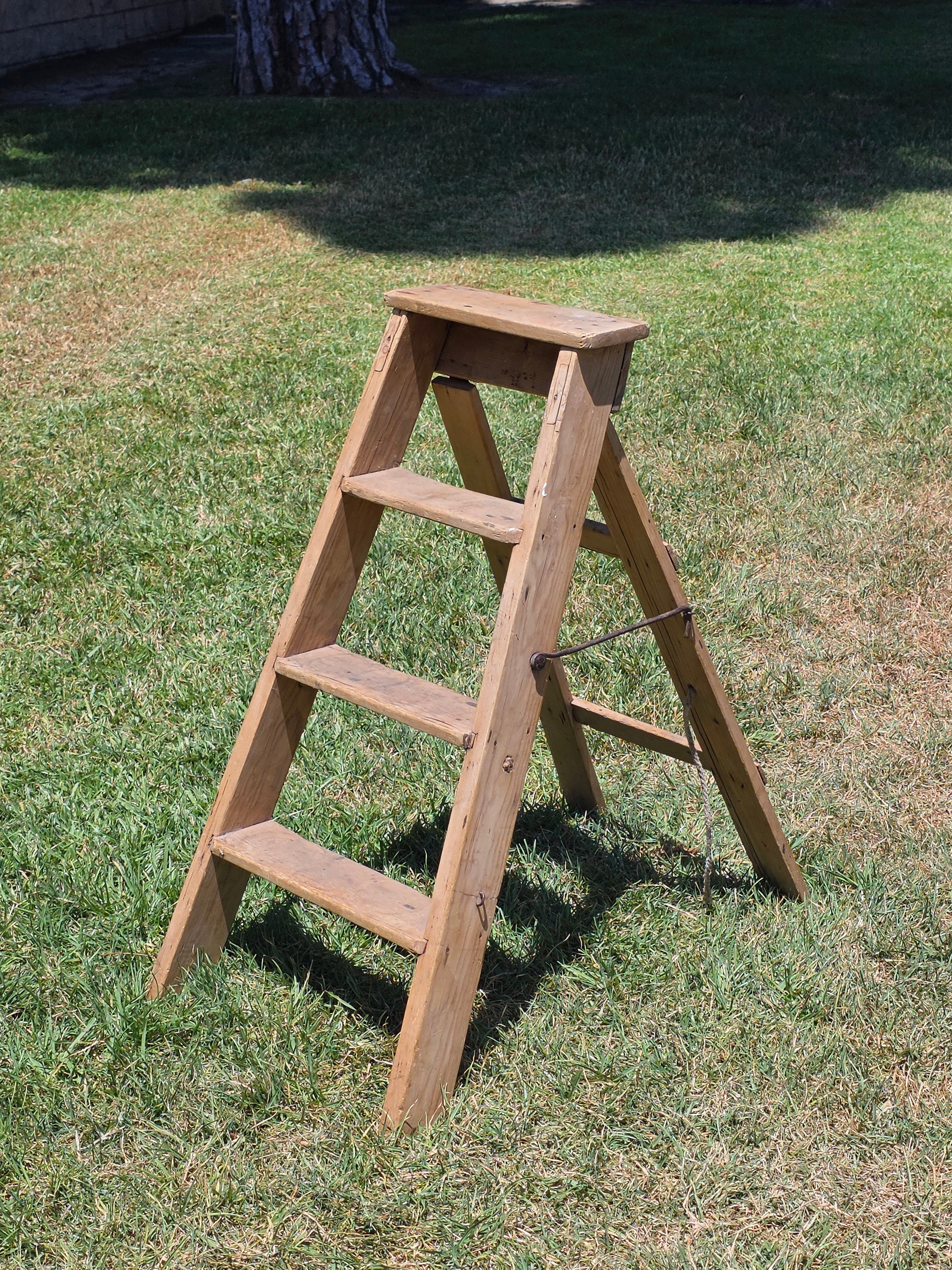 Vintage Wood Step Ladder Antique Wrought Iron Hardware Farmhouse Plant Stand 3ft