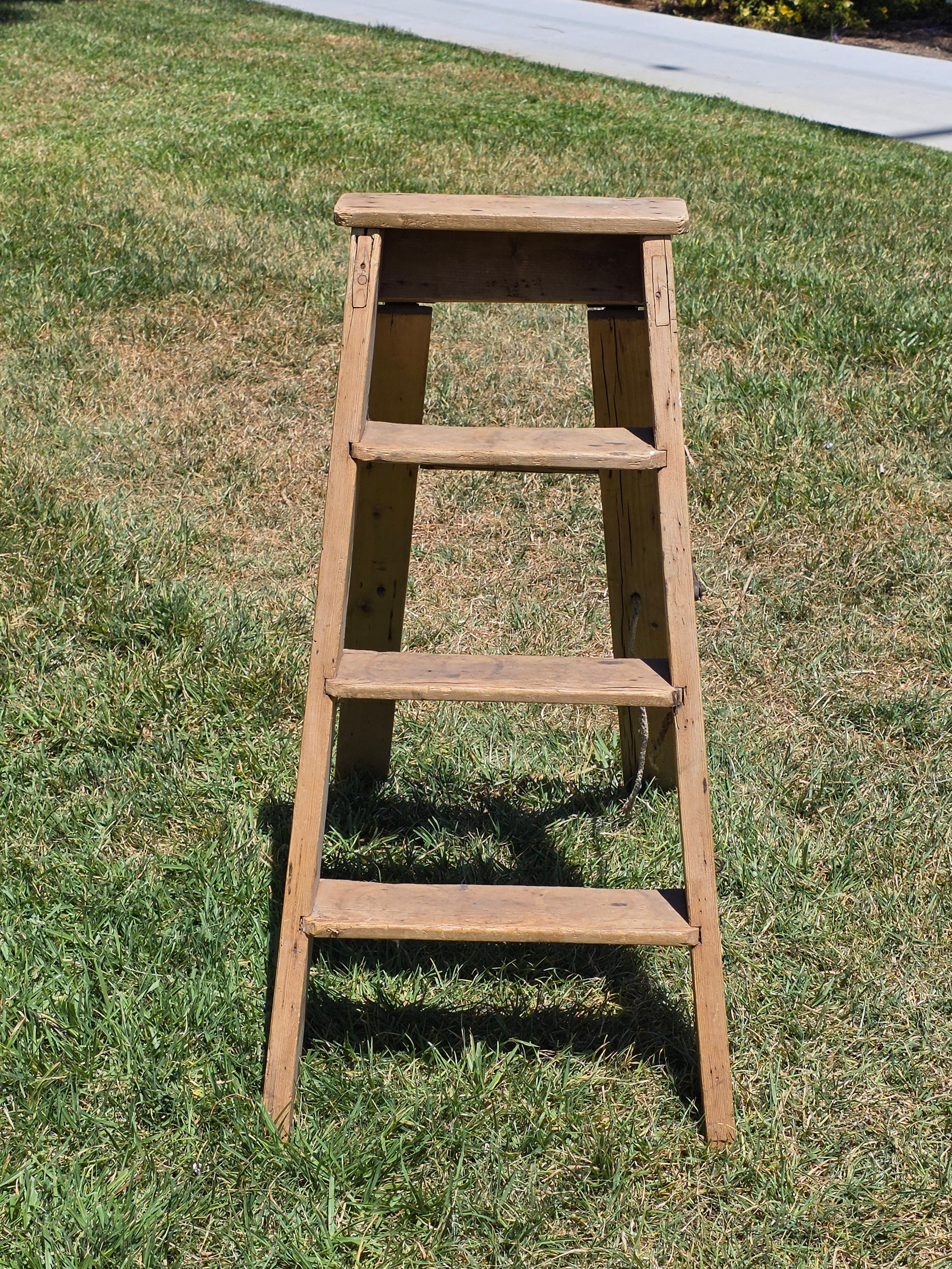 Vintage Wood Step Ladder Antique Wrought Iron Hardware Farmhouse Plant Stand 3ft