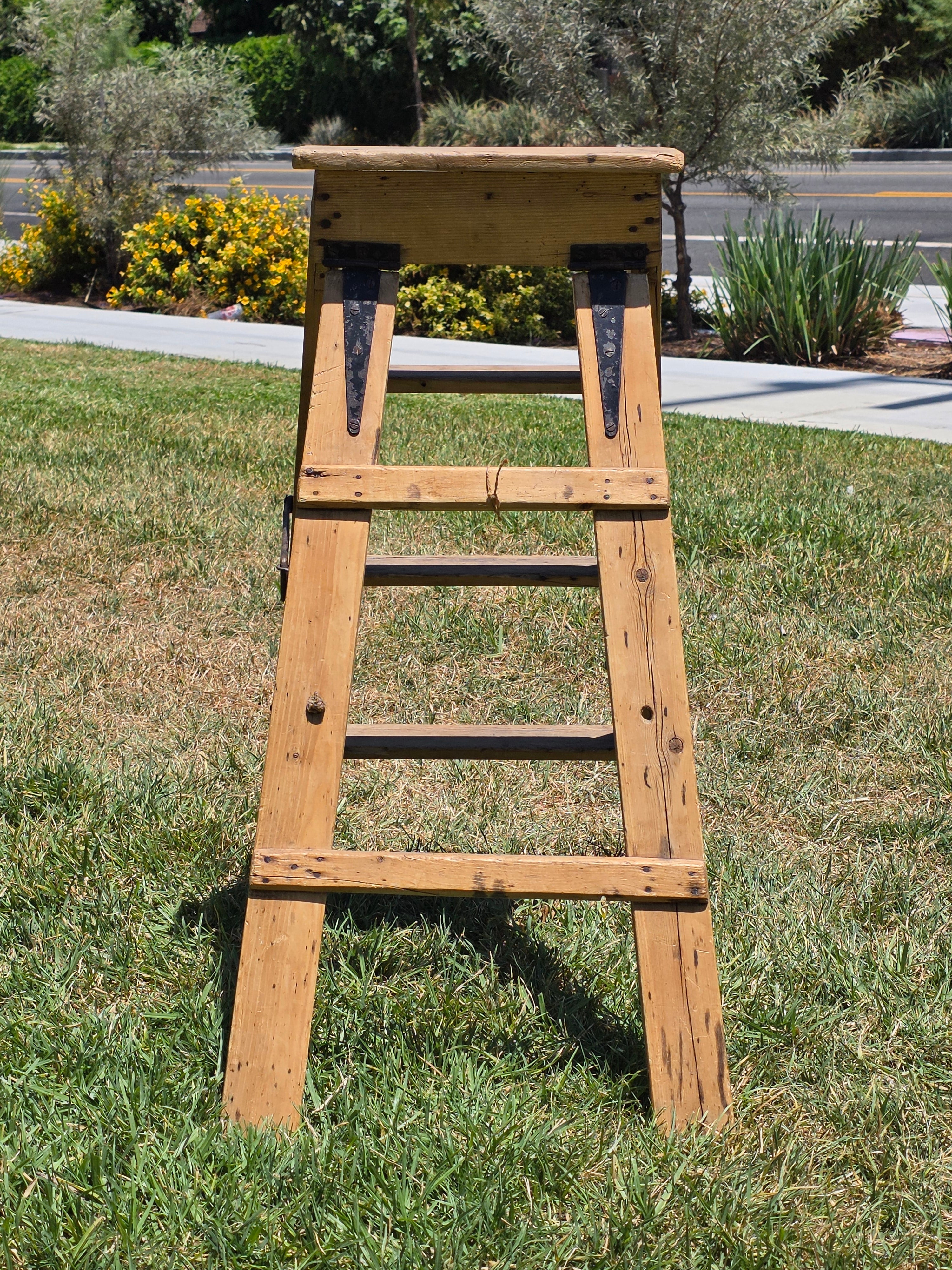 Vintage Wood Step Ladder Antique Wrought Iron Hardware Farmhouse Plant Stand 3ft
