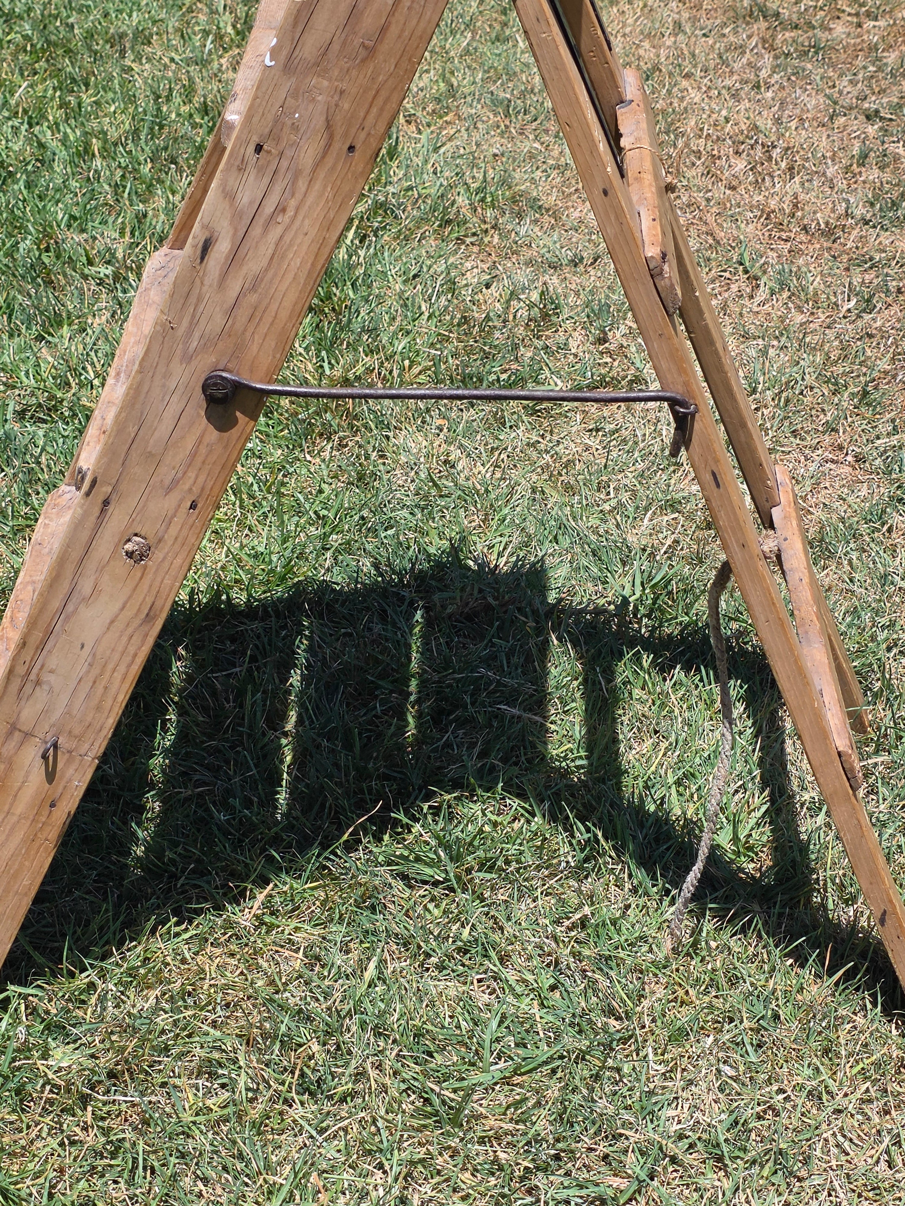 Vintage Wood Step Ladder Antique Wrought Iron Hardware Farmhouse Plant Stand 3ft