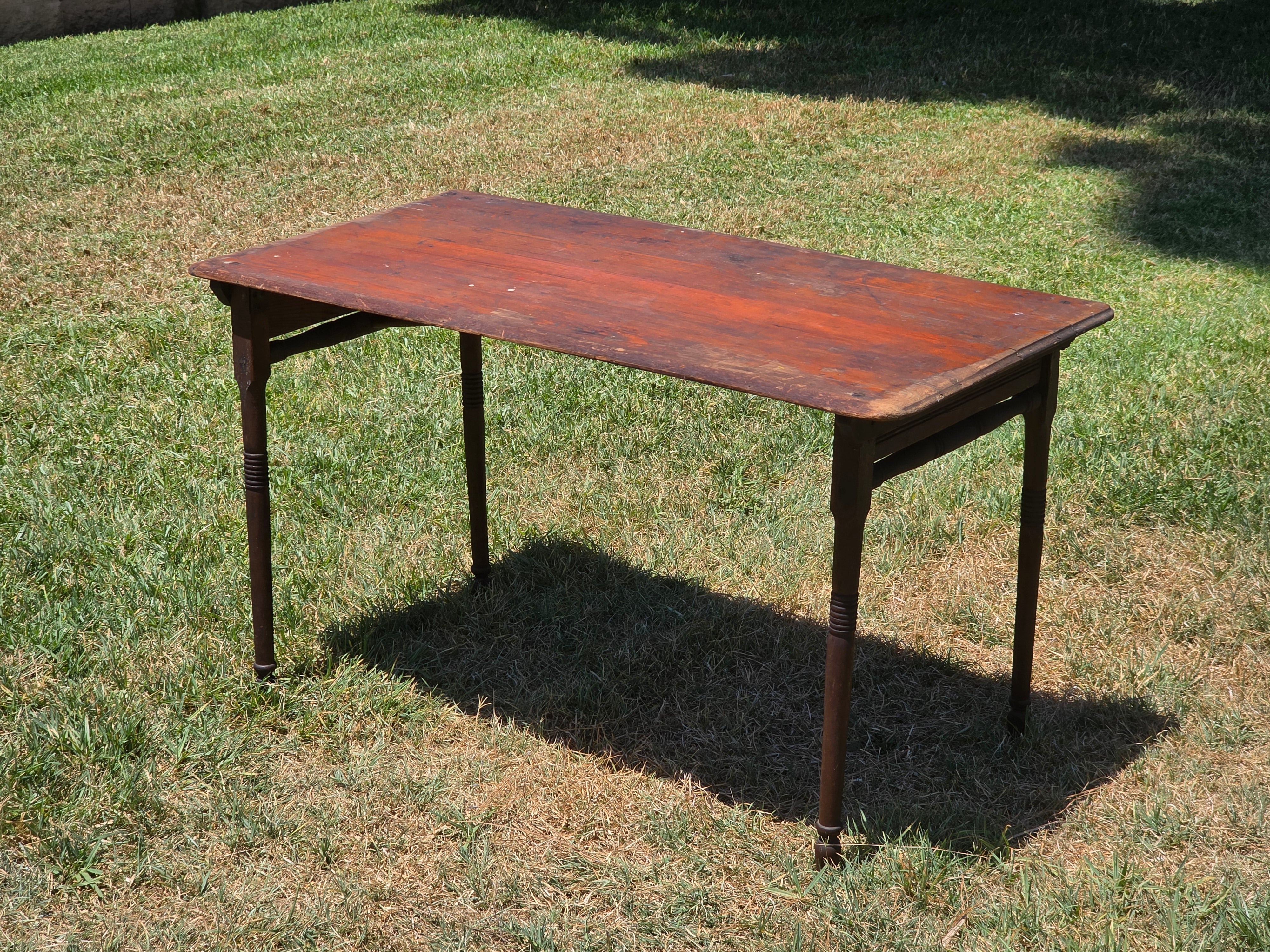 Antique 1800s Primitive Wood Folding Table Turned Legs Brown Farmhouse AS-IS