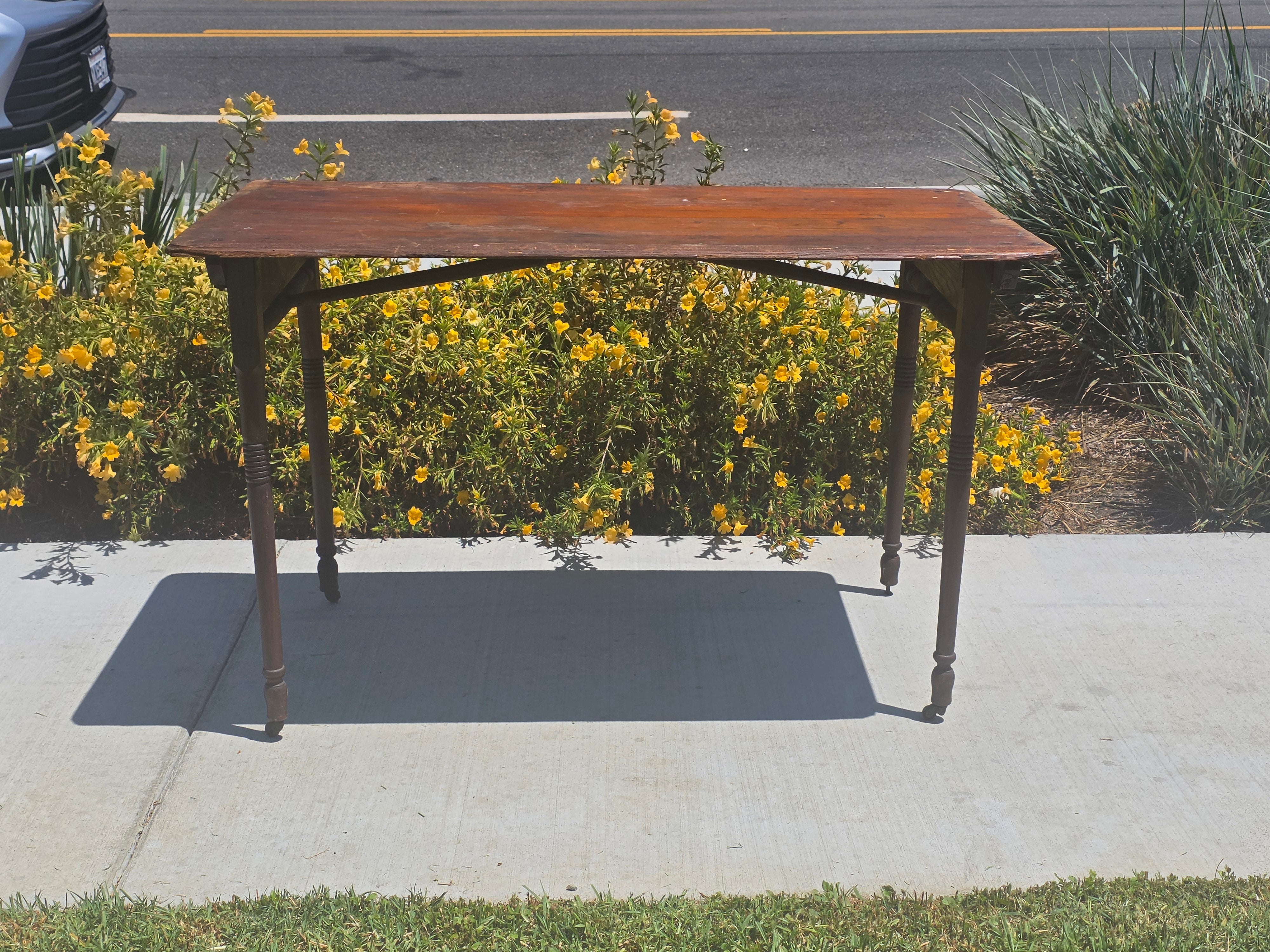 Antique 1800s Primitive Wood Folding Table Turned Legs Brown Farmhouse AS-IS