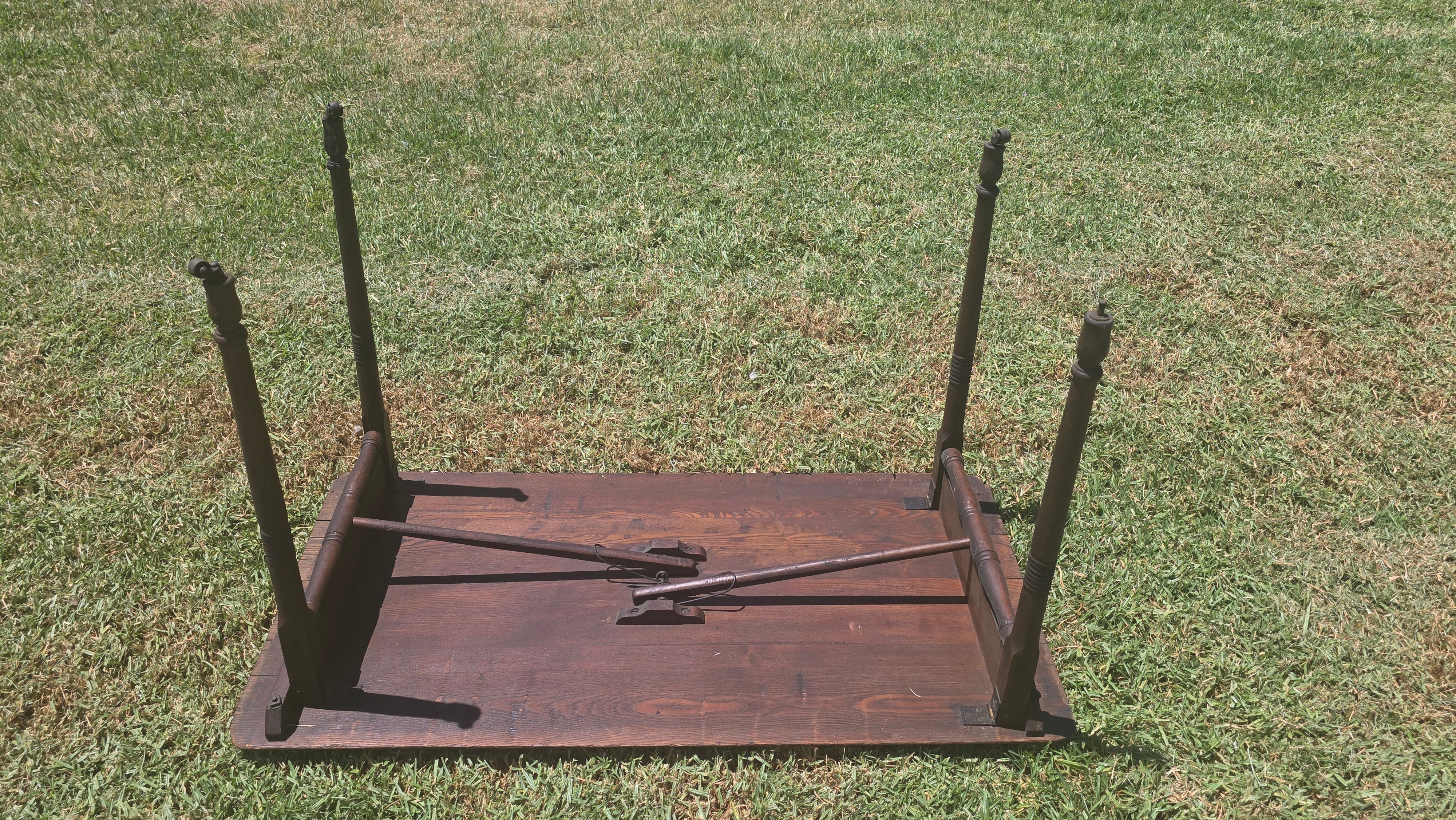 Antique 1800s Primitive Wood Folding Table Turned Legs Brown Farmhouse AS-IS