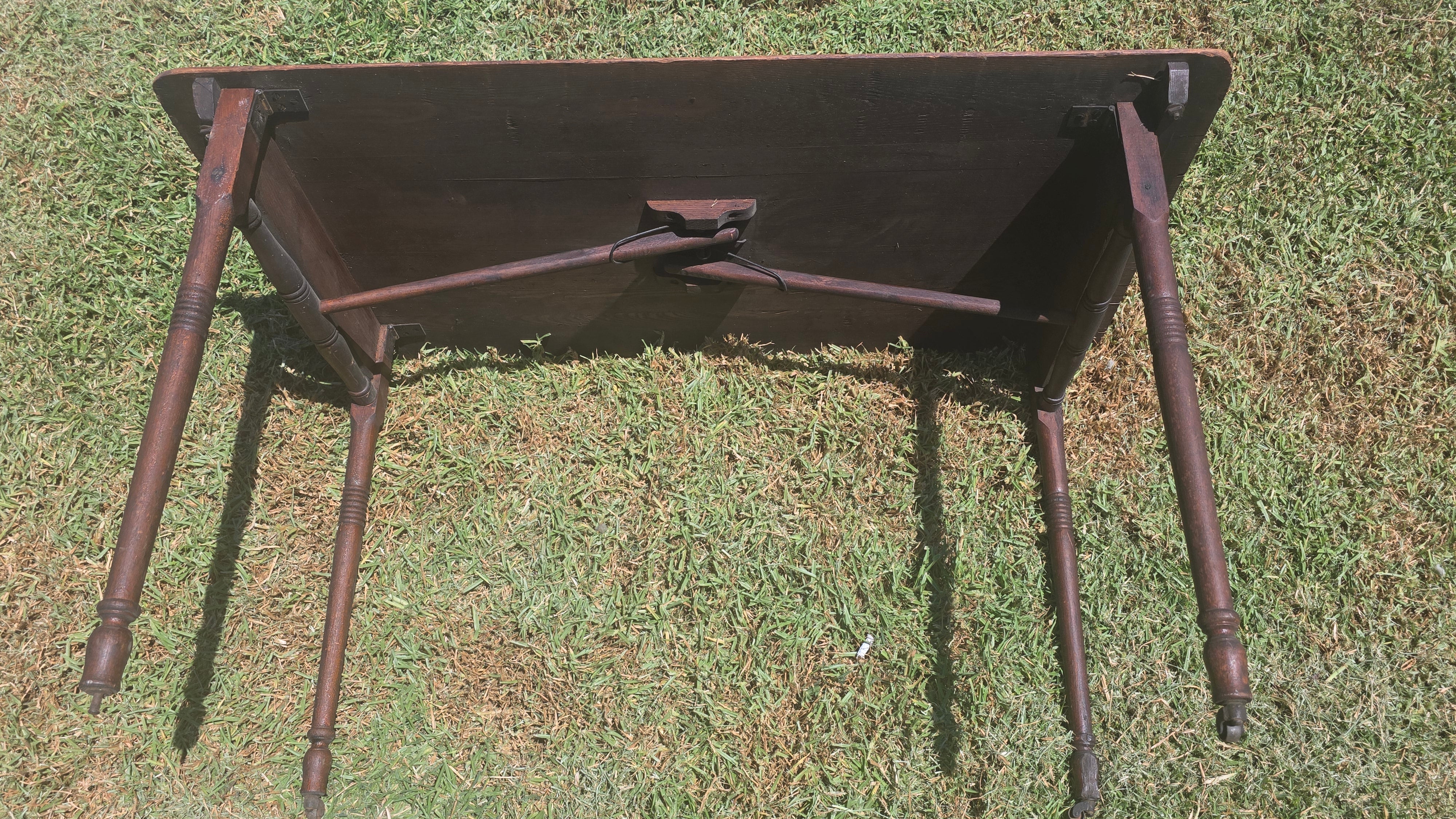 Antique 1800s Primitive Wood Folding Table Turned Legs Brown Farmhouse AS-IS