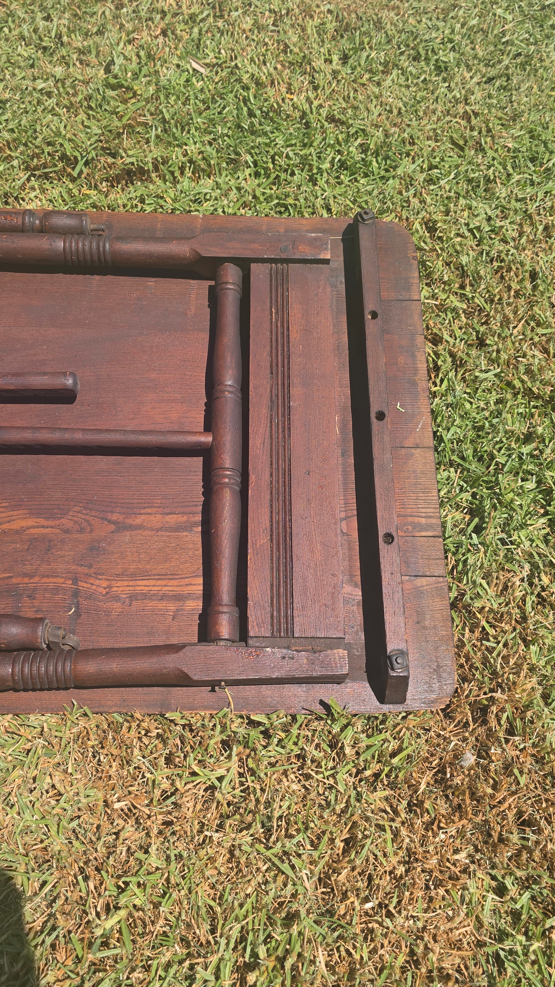 Antique 1800s Primitive Wood Folding Table Turned Legs Brown Farmhouse AS-IS