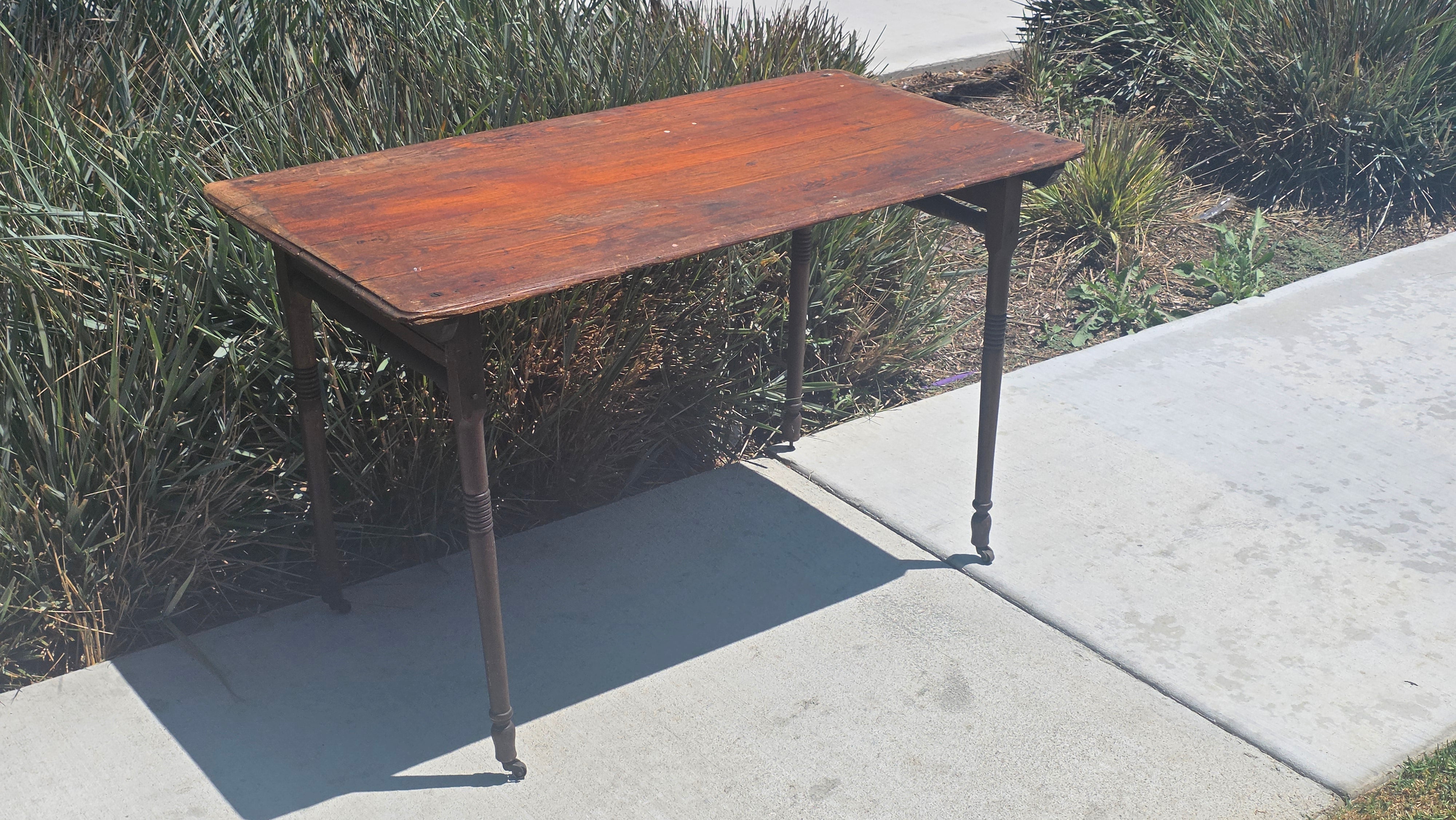 Antique 1800s Primitive Wood Folding Table Turned Legs Brown Farmhouse AS-IS