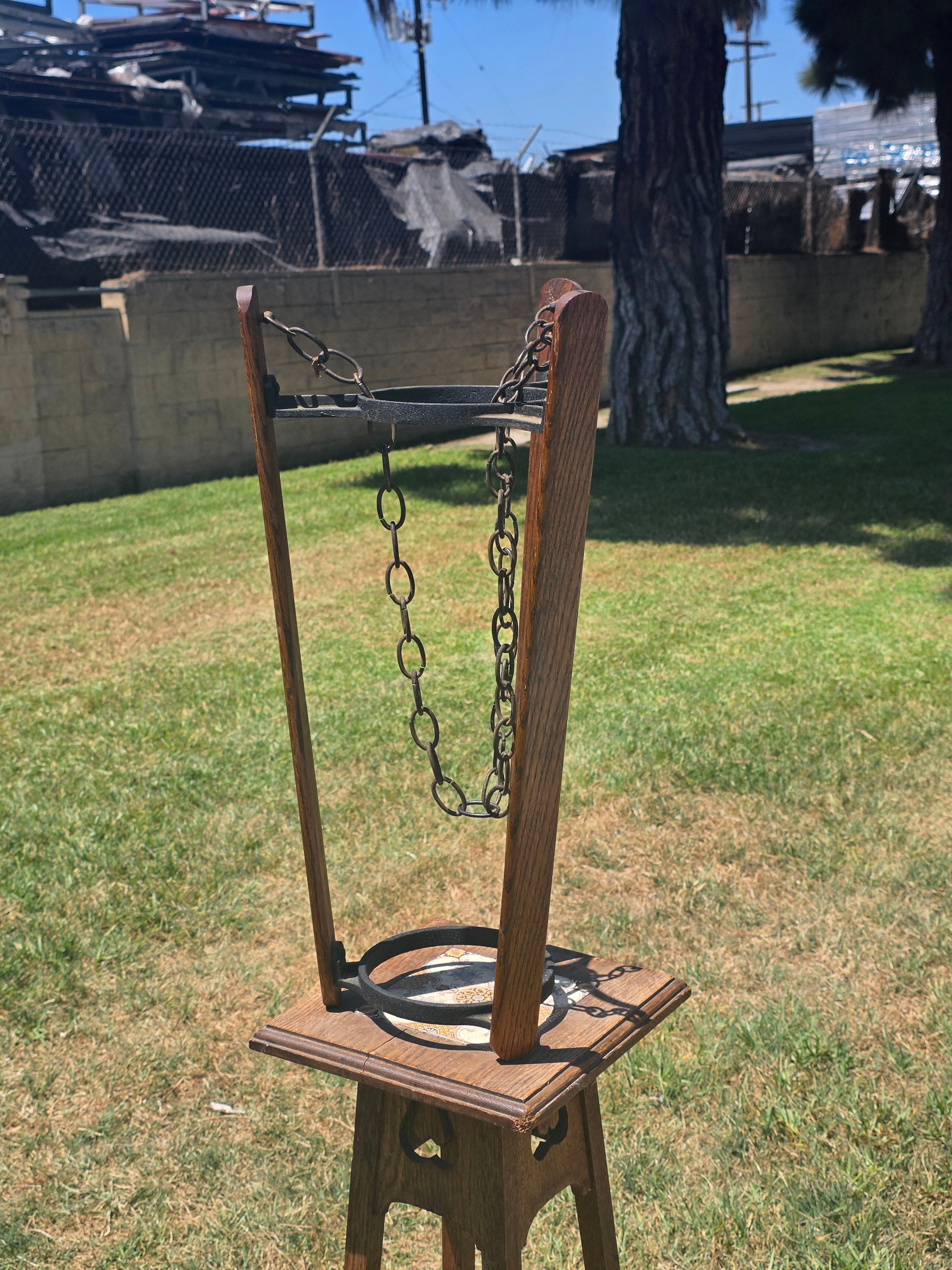 Vintage Mid Century Spanish Gothic Wood Hanging Planter Stand Cast Aluminum