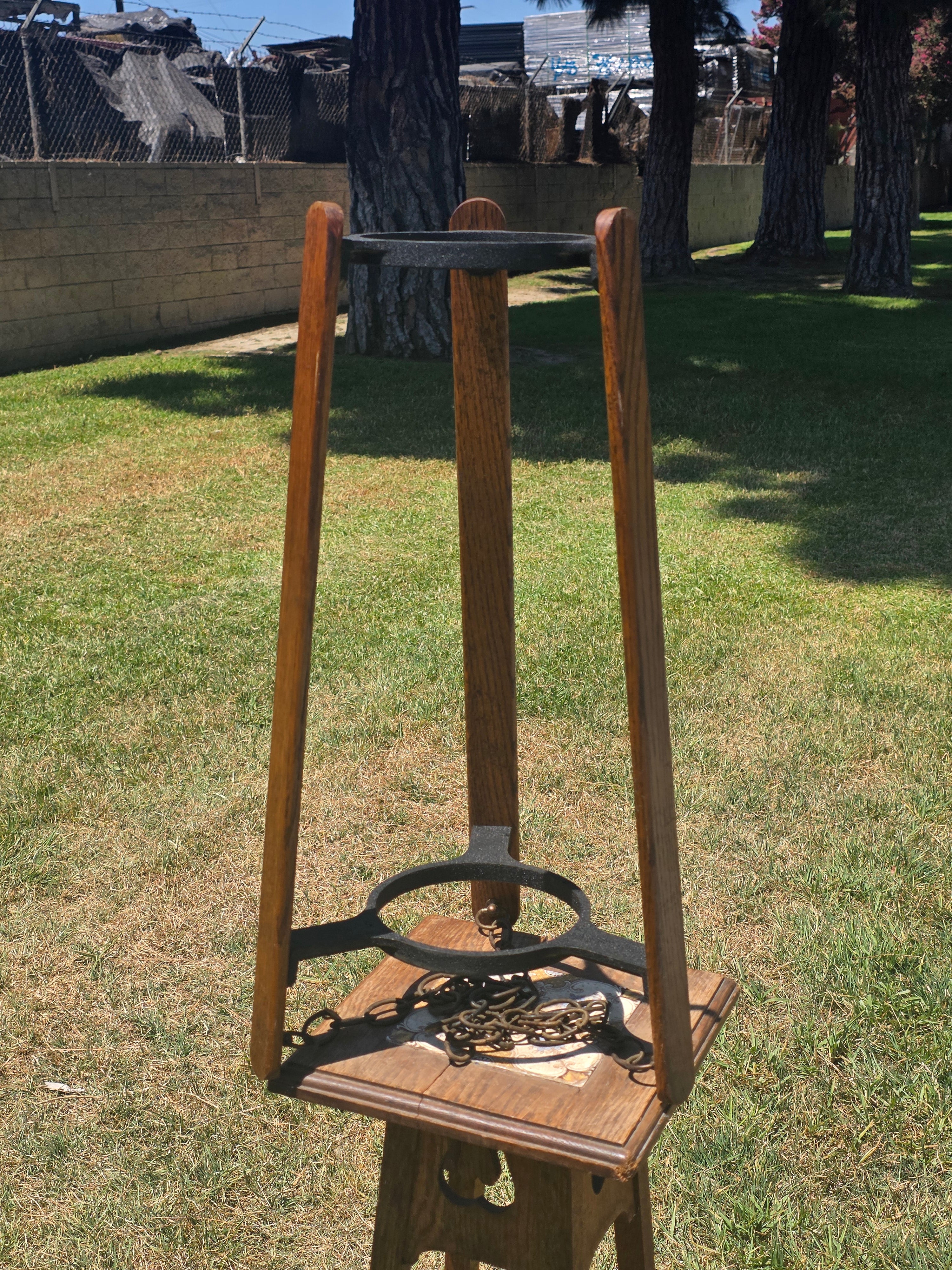 Vintage Mid Century Spanish Gothic Wood Hanging Planter Stand Cast Aluminum