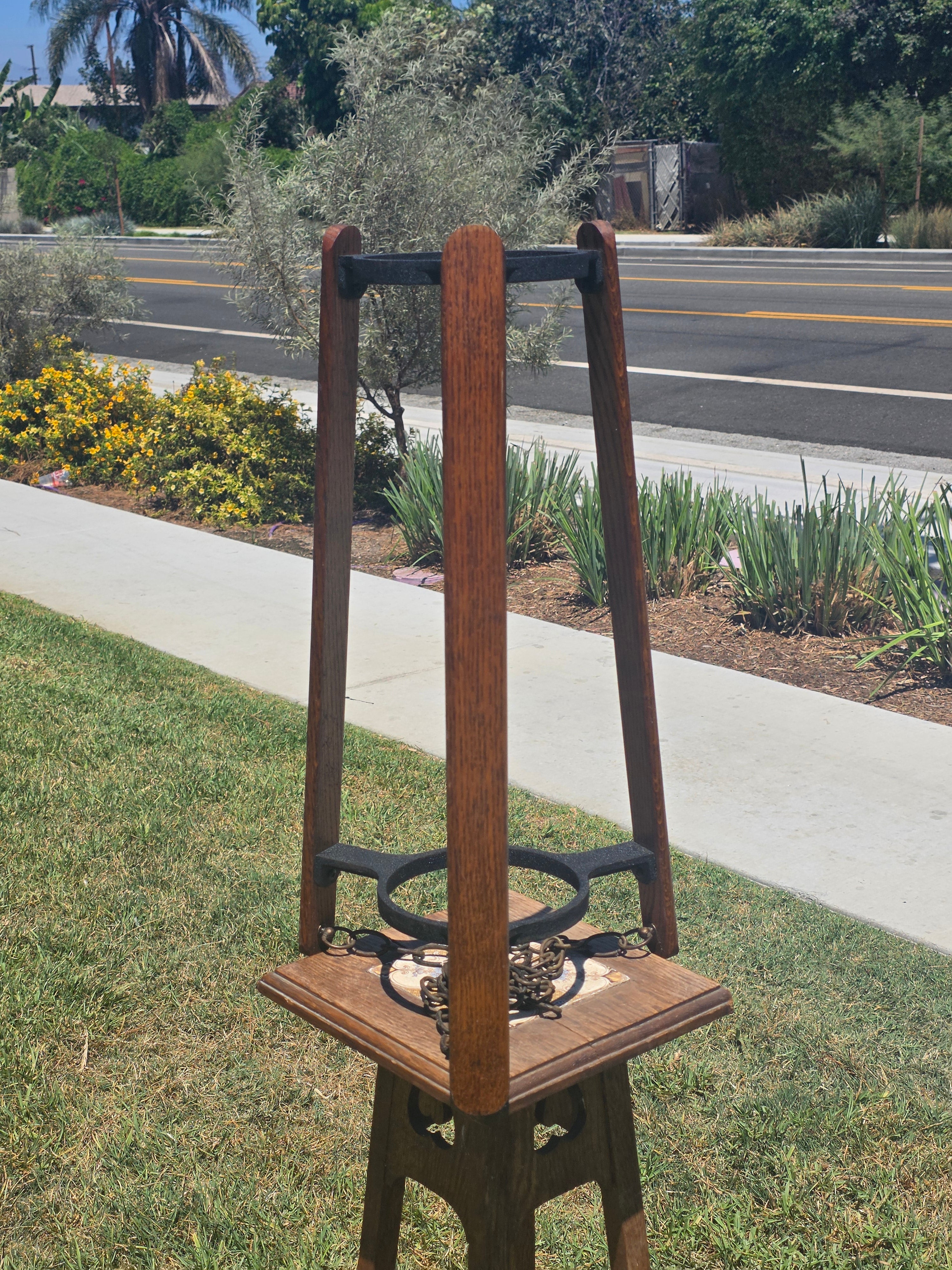 Vintage Mid Century Spanish Gothic Wood Hanging Planter Stand Cast Aluminum
