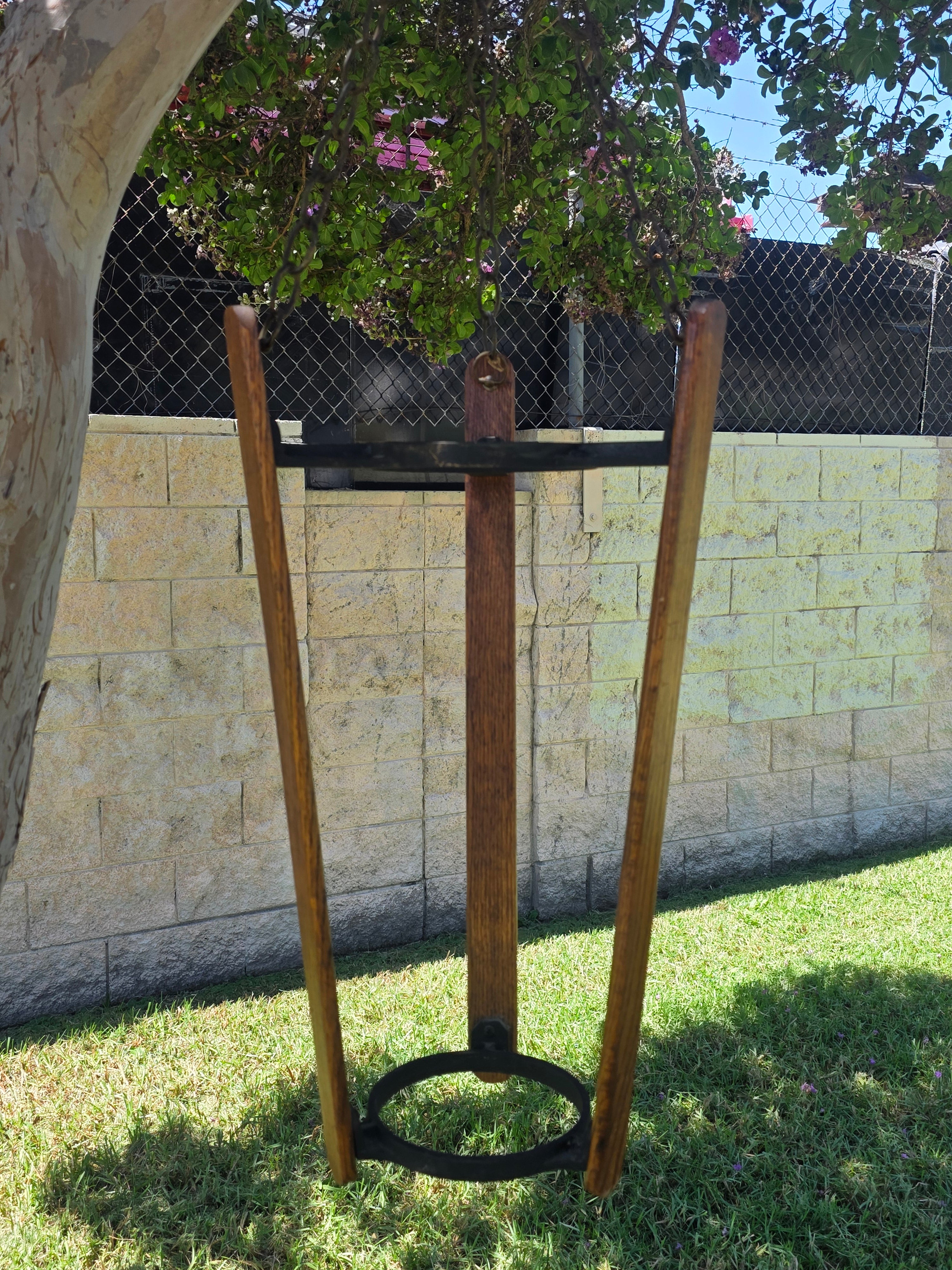 Vintage Mid Century Spanish Gothic Wood Hanging Planter Stand Cast Aluminum