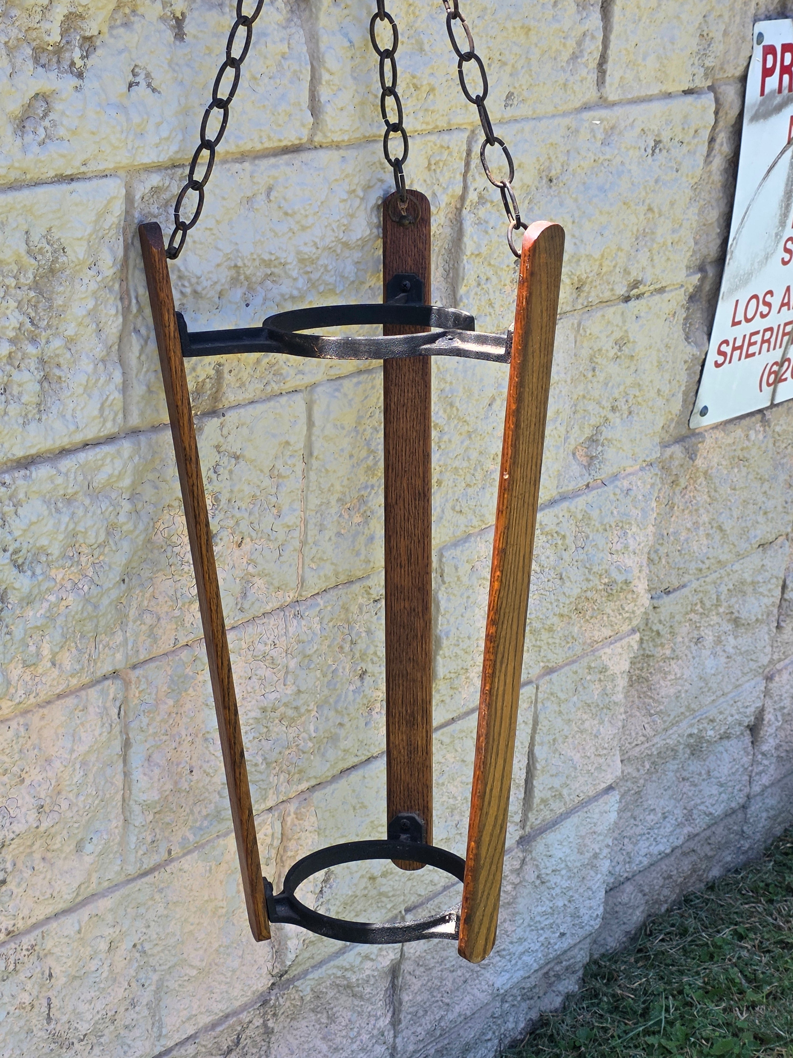 Vintage Mid Century Spanish Gothic Wood Hanging Planter Stand Cast Aluminum