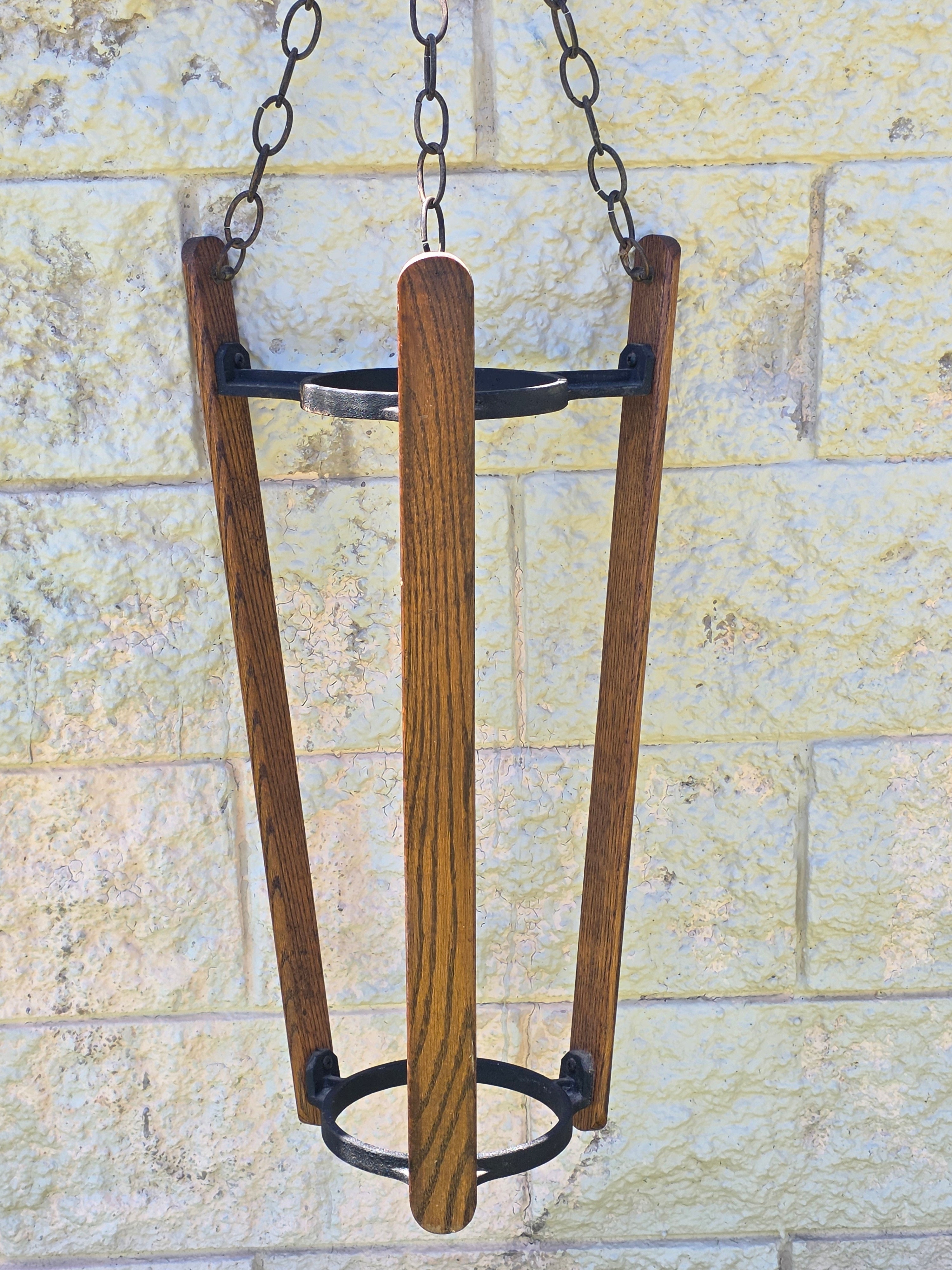Vintage Mid Century Spanish Gothic Wood Hanging Planter Stand Cast Aluminum