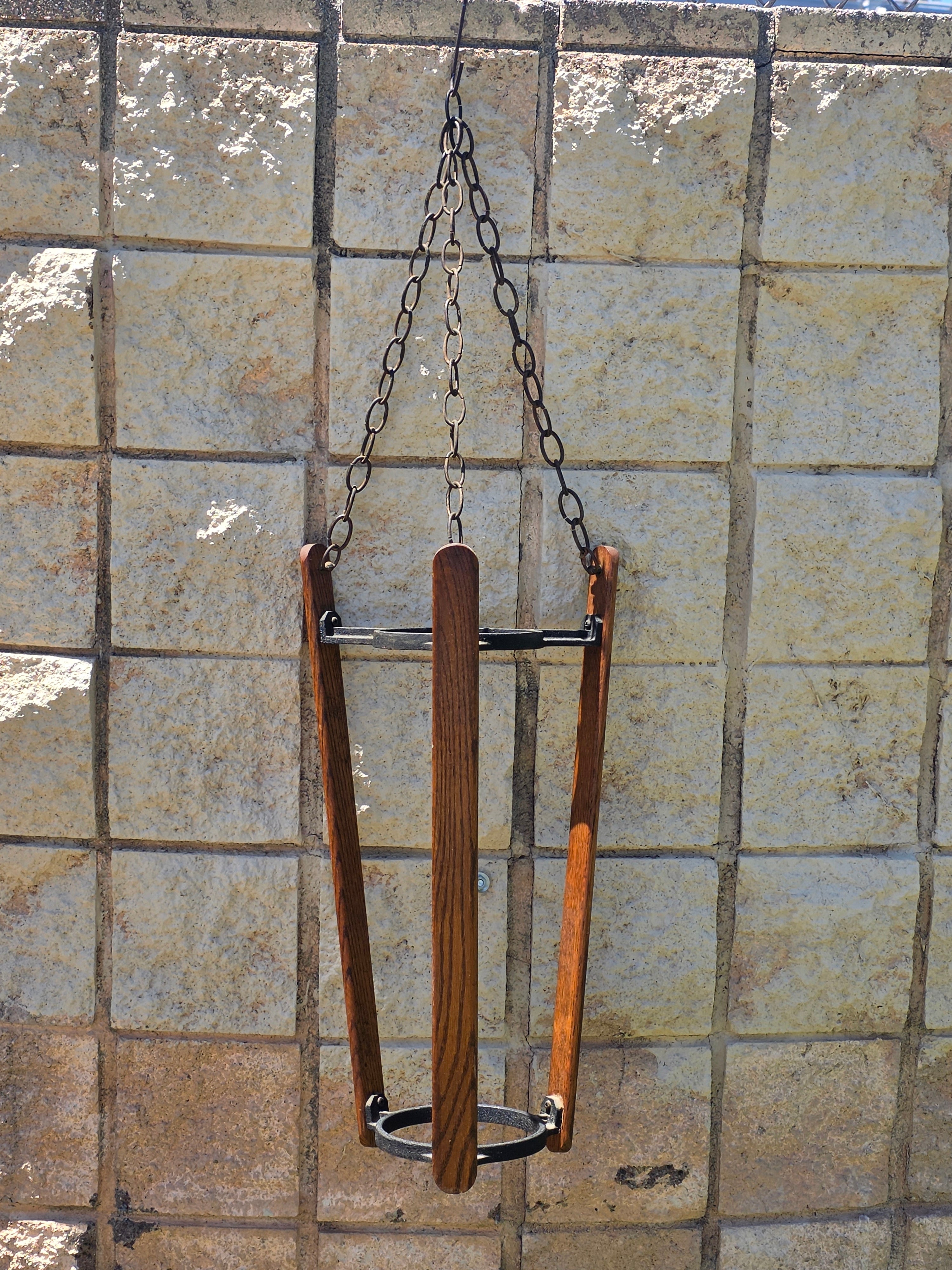 Vintage Mid Century Spanish Gothic Wood Hanging Planter Stand Cast Aluminum