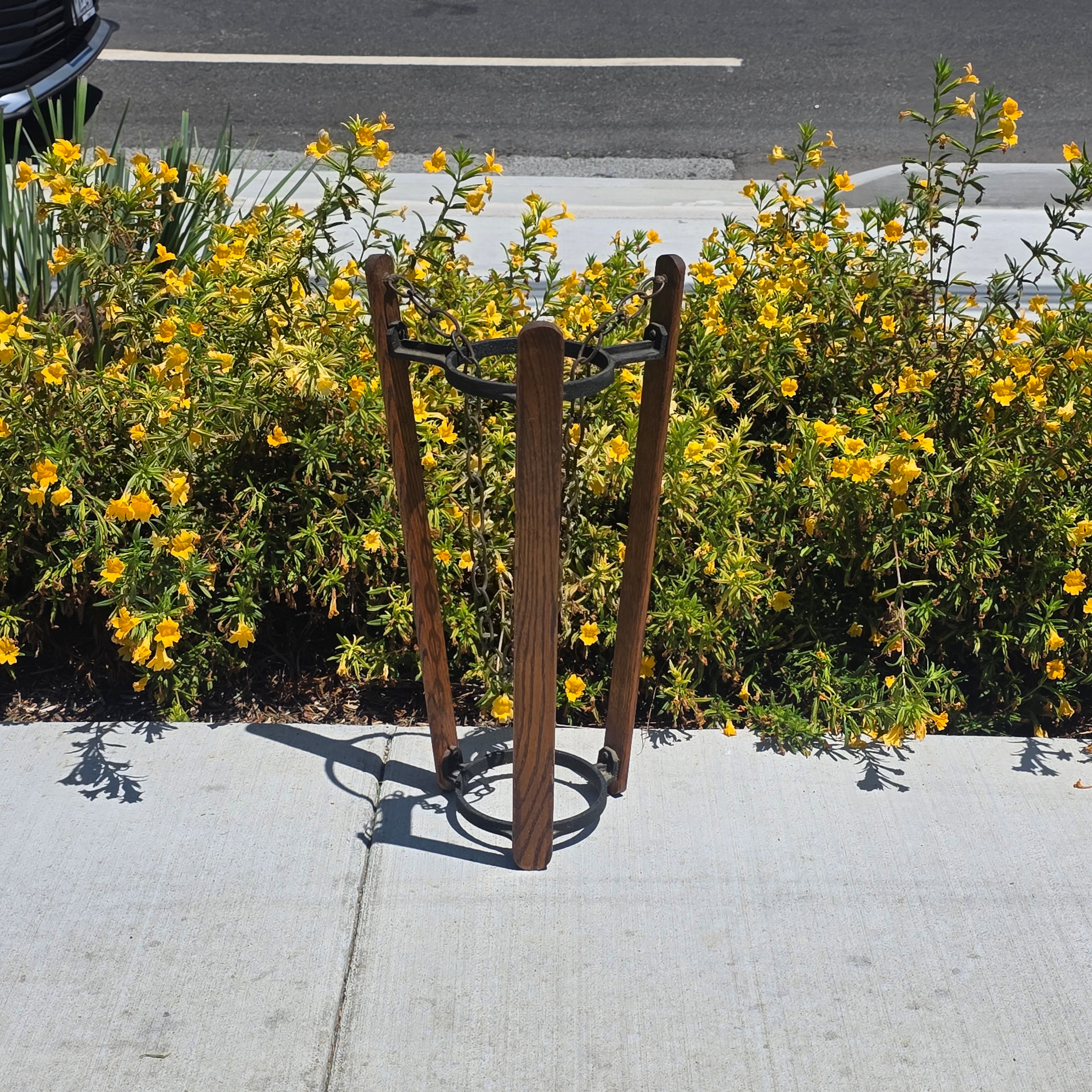 Vintage Mid Century Spanish Gothic Wood Hanging Planter Stand Cast Aluminum