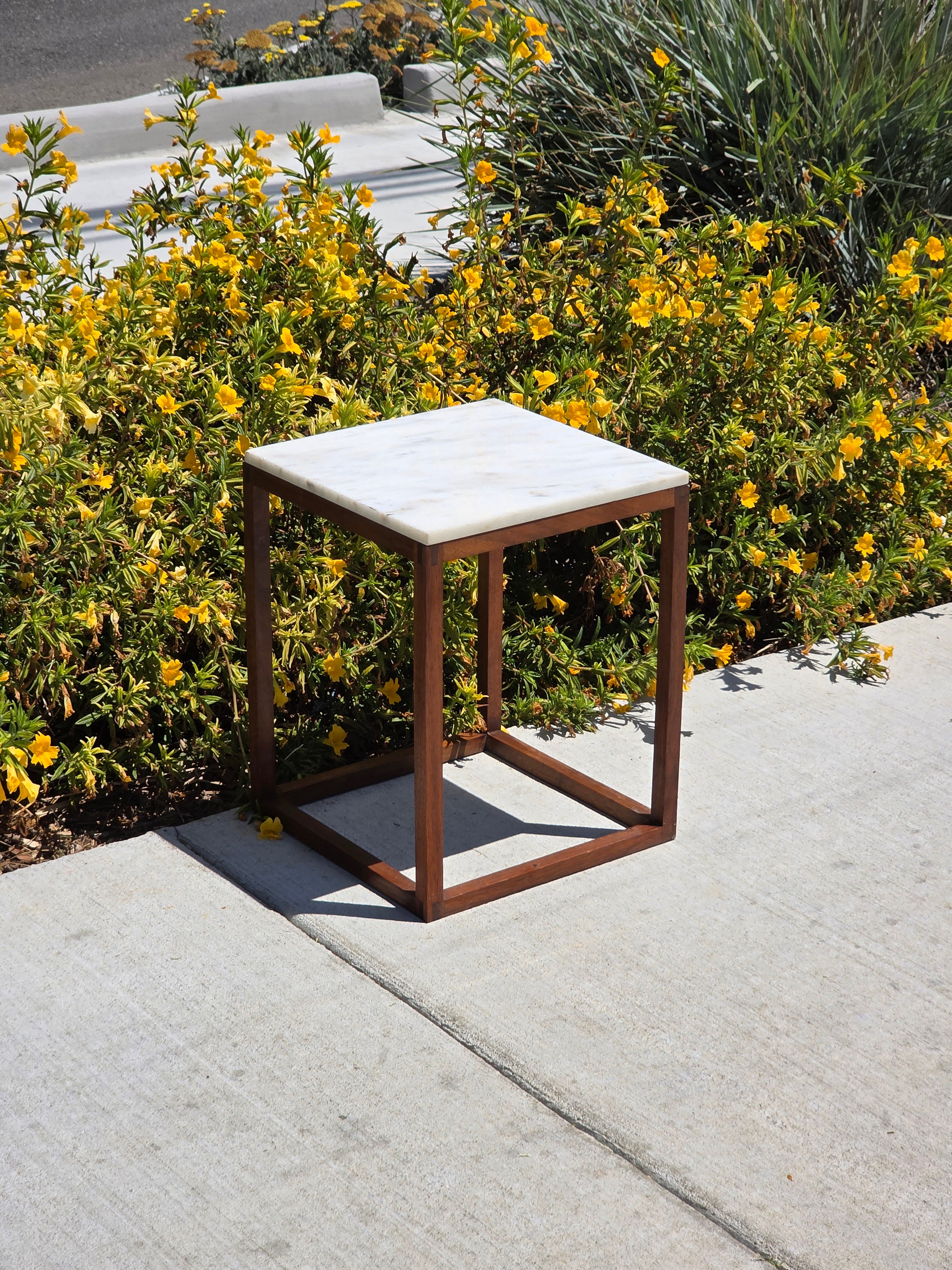Vintage Mid Century Modern Marble Wood Cube End Table Square Side Table 12 x 12