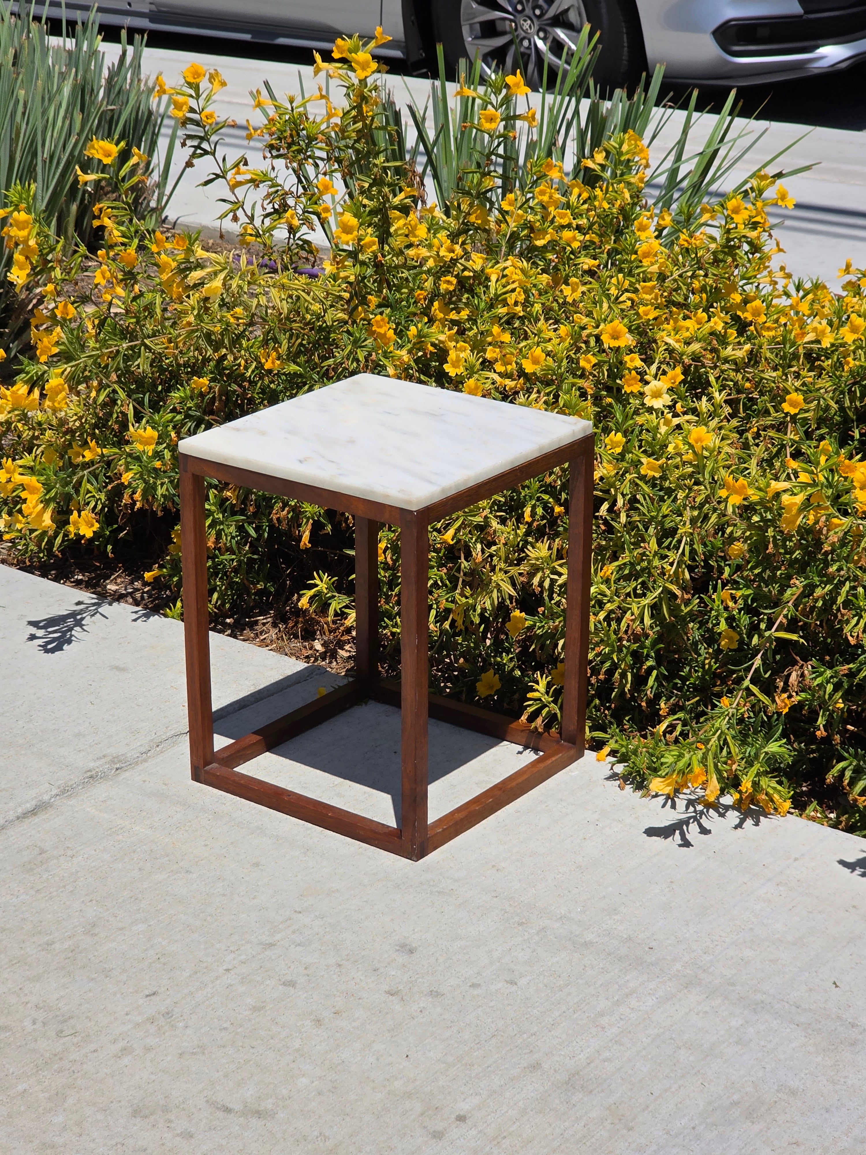 Vintage Mid Century Modern Marble Wood Cube End Table Square Side Table 12 x 12
