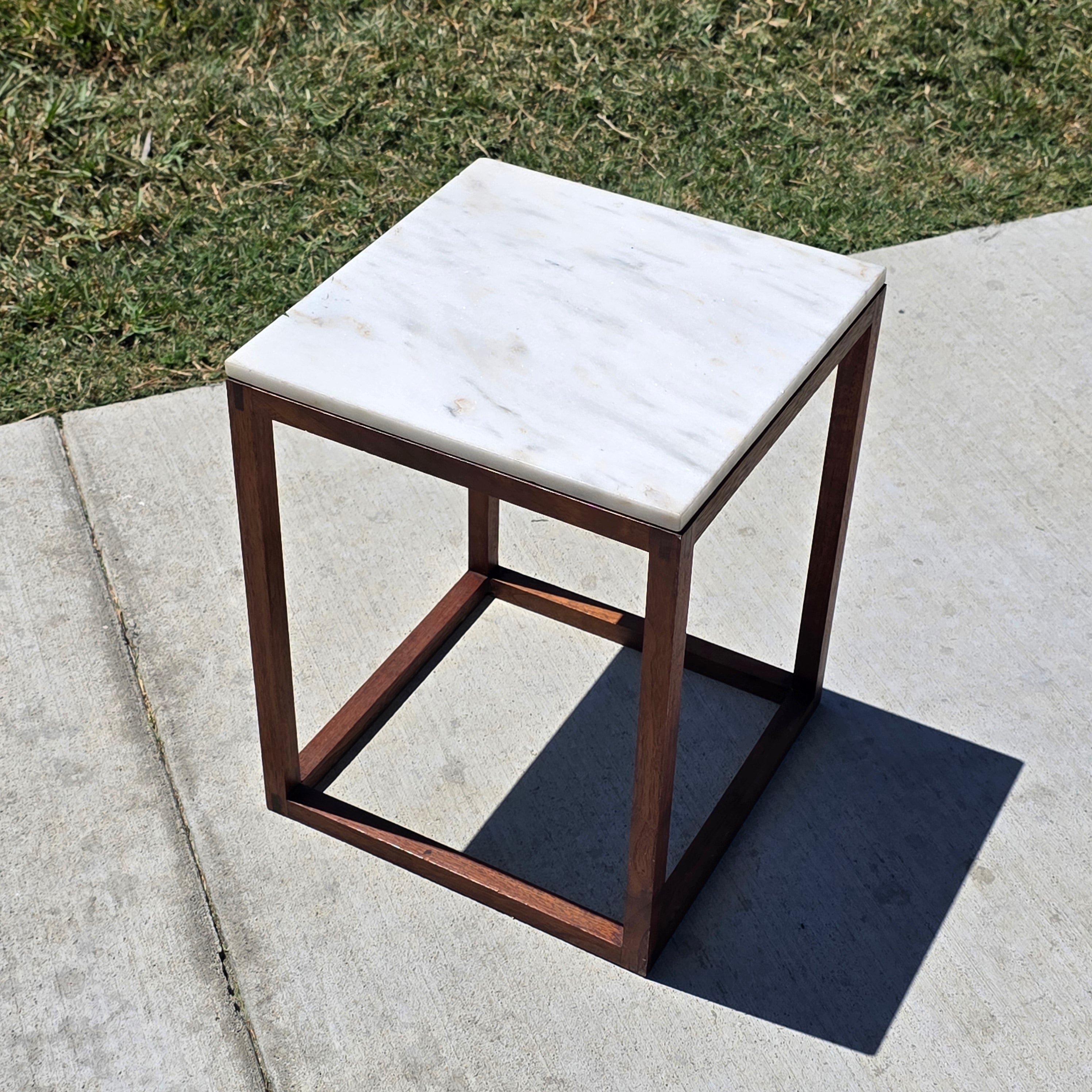 Vintage Mid Century Modern Marble Wood Cube End Table Square Side Table 12 x 12