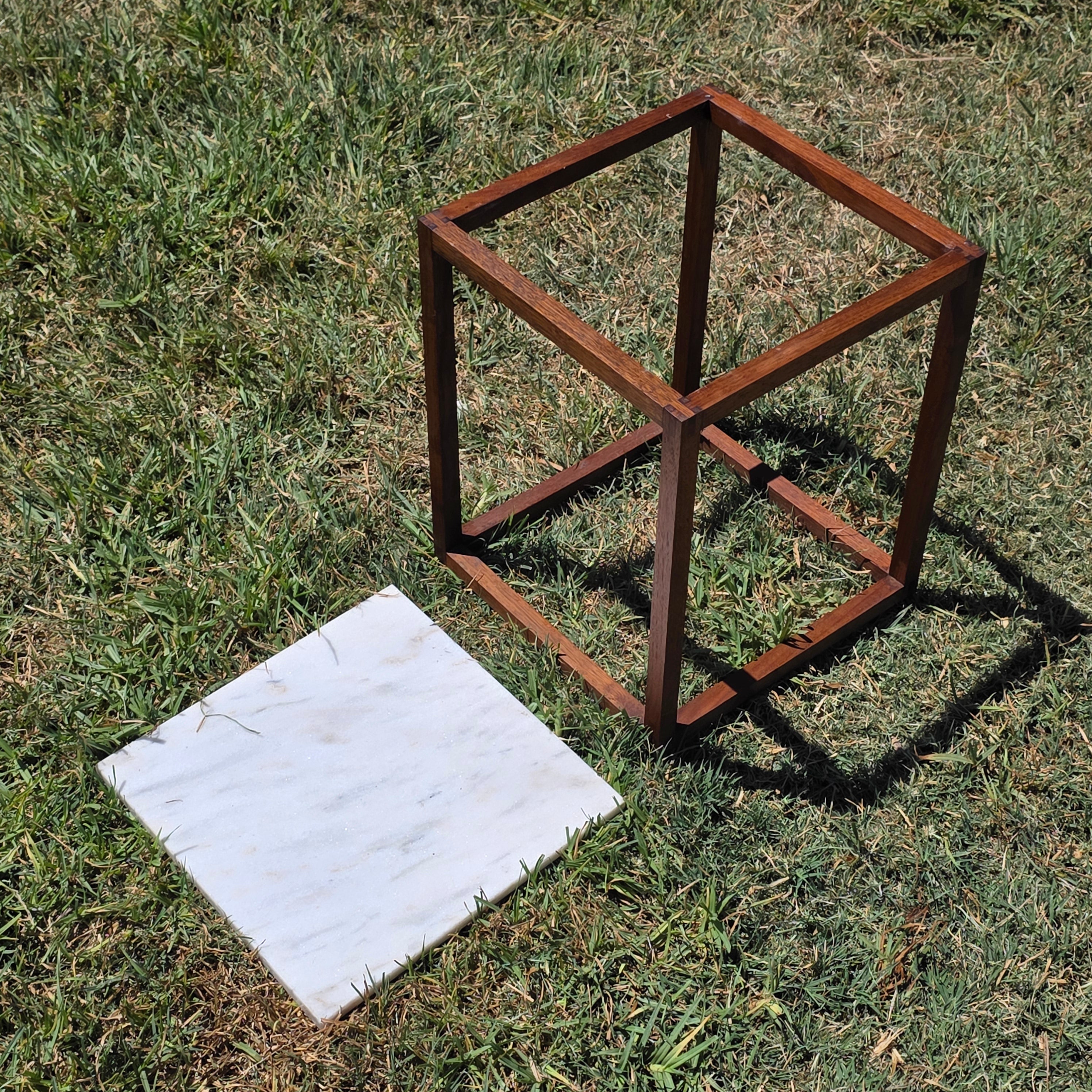 Vintage Mid Century Modern Marble Wood Cube End Table Square Side Table 12 x 12