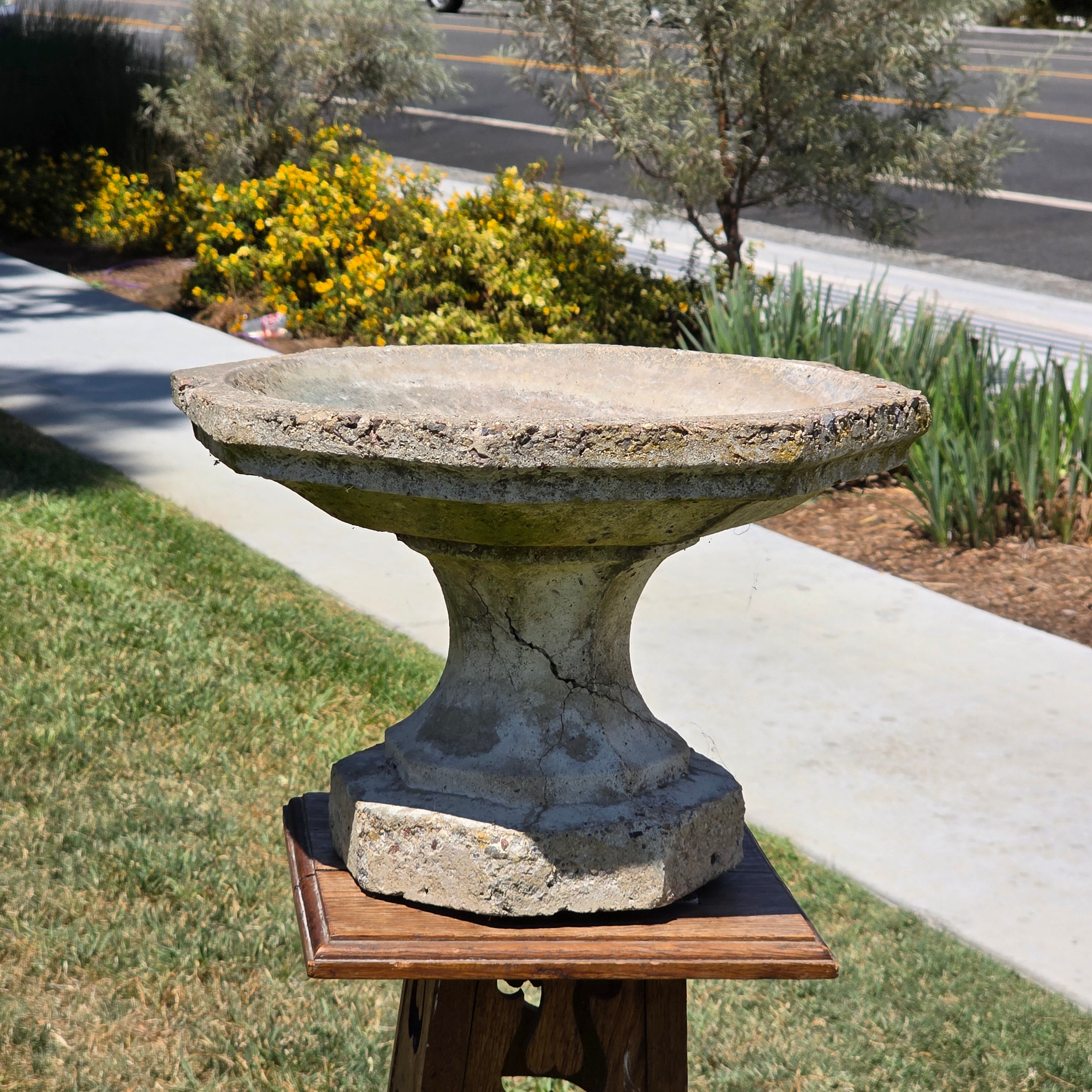 Vintage Concrete Bird Bath Octagonal Small Low Profile Pedestal Garden Fountain