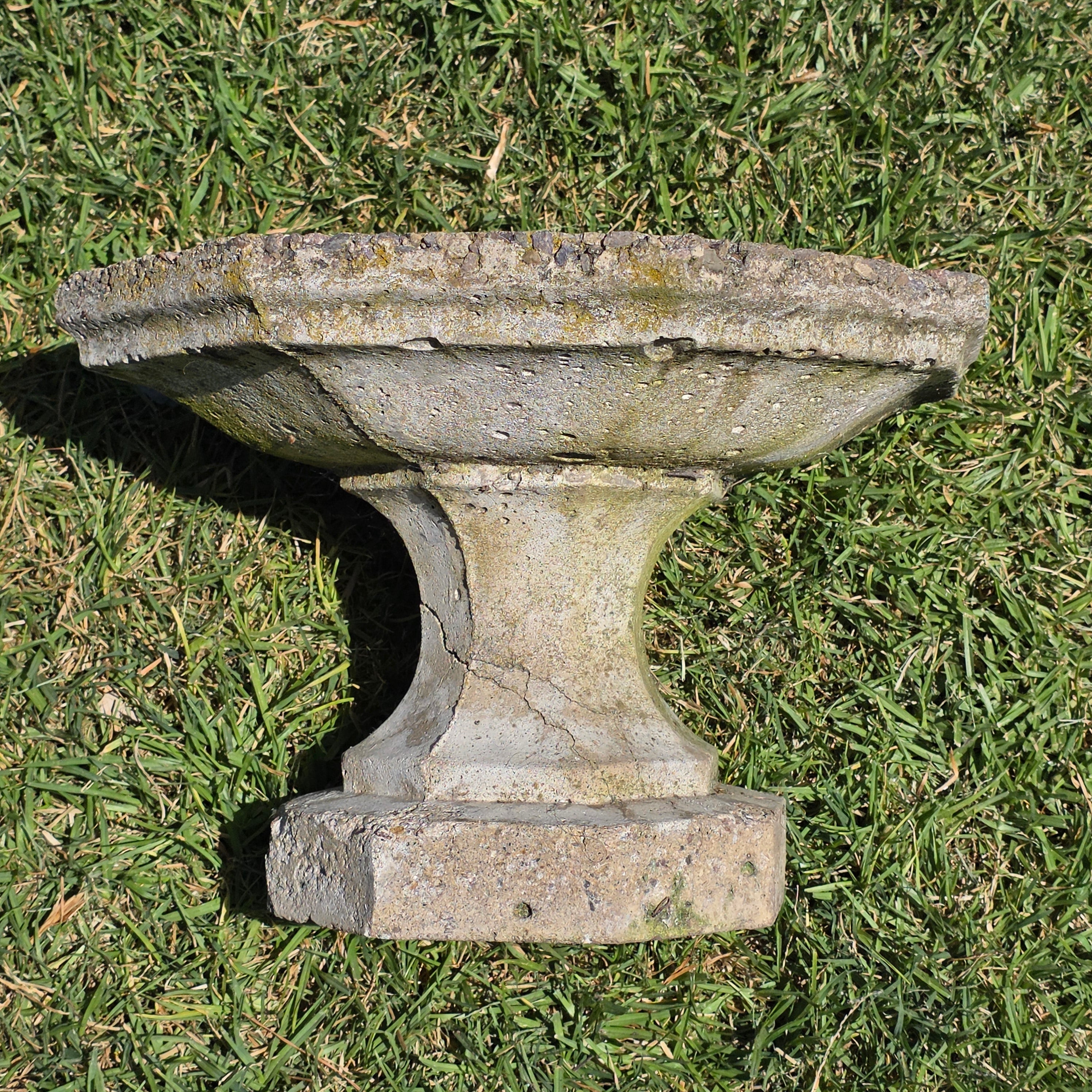 Vintage Concrete Bird Bath Octagonal Small Low Profile Pedestal Garden Fountain