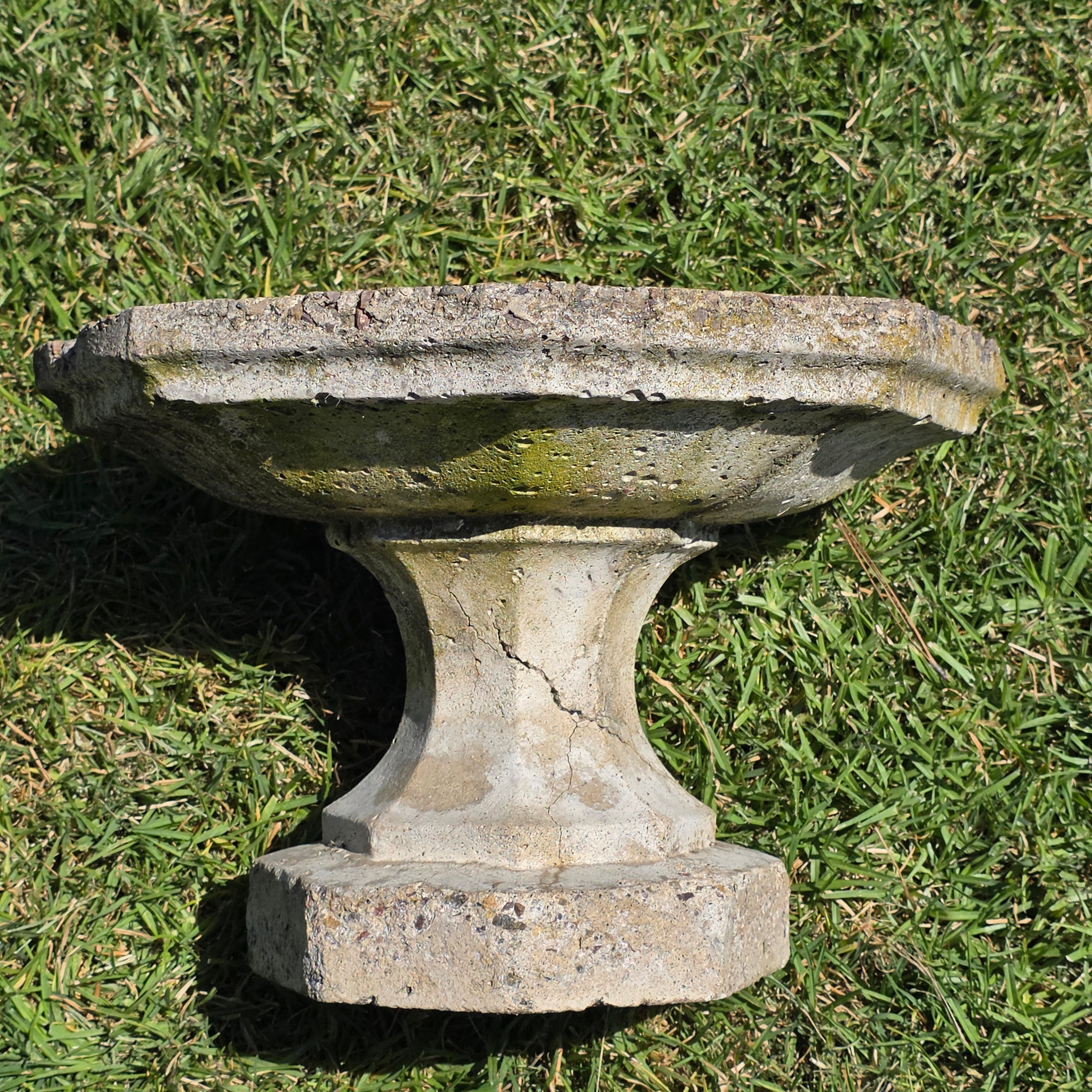 Vintage Concrete Bird Bath Octagonal Small Low Profile Pedestal Garden Fountain