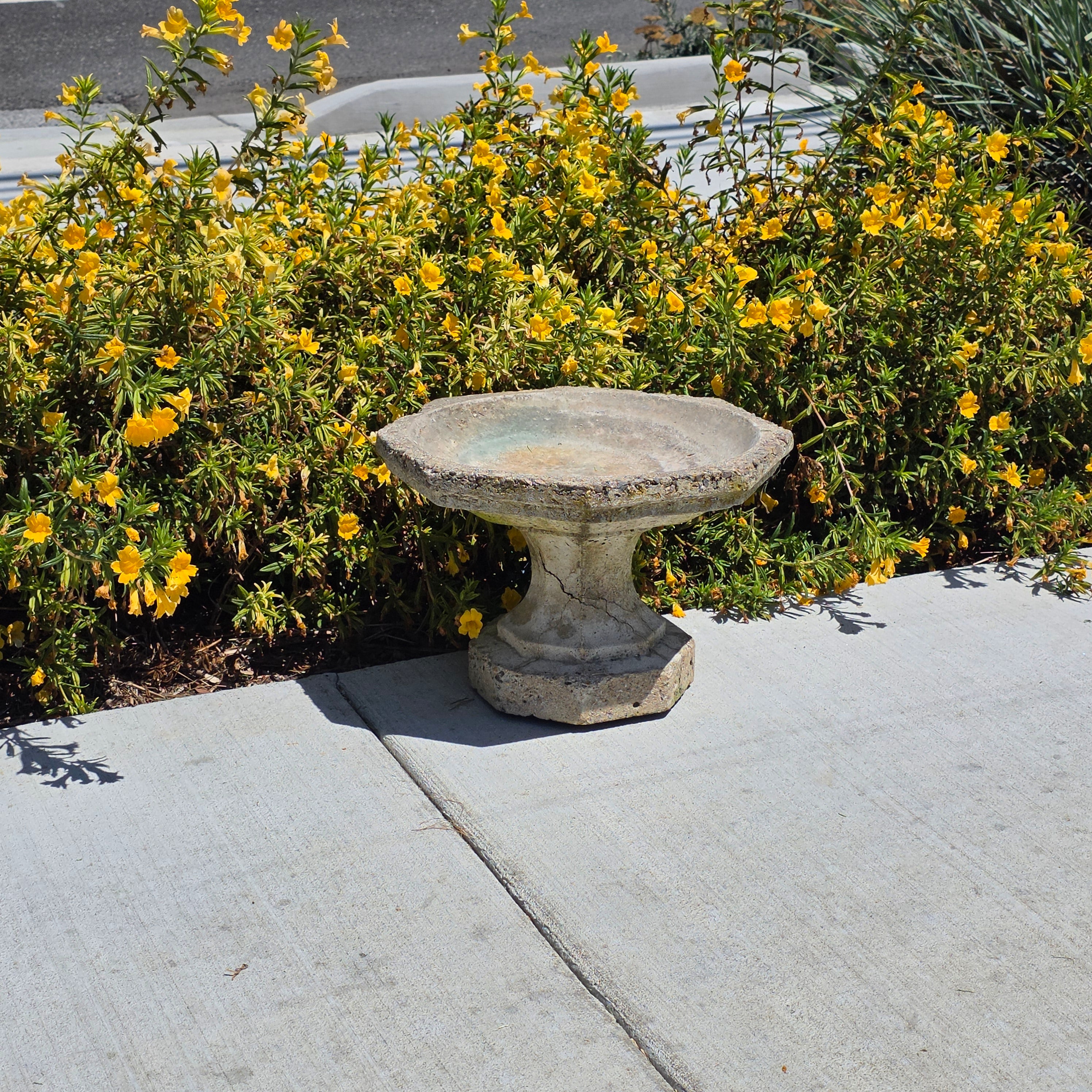 Vintage Concrete Bird Bath Octagonal Small Low Profile Pedestal Garden Fountain