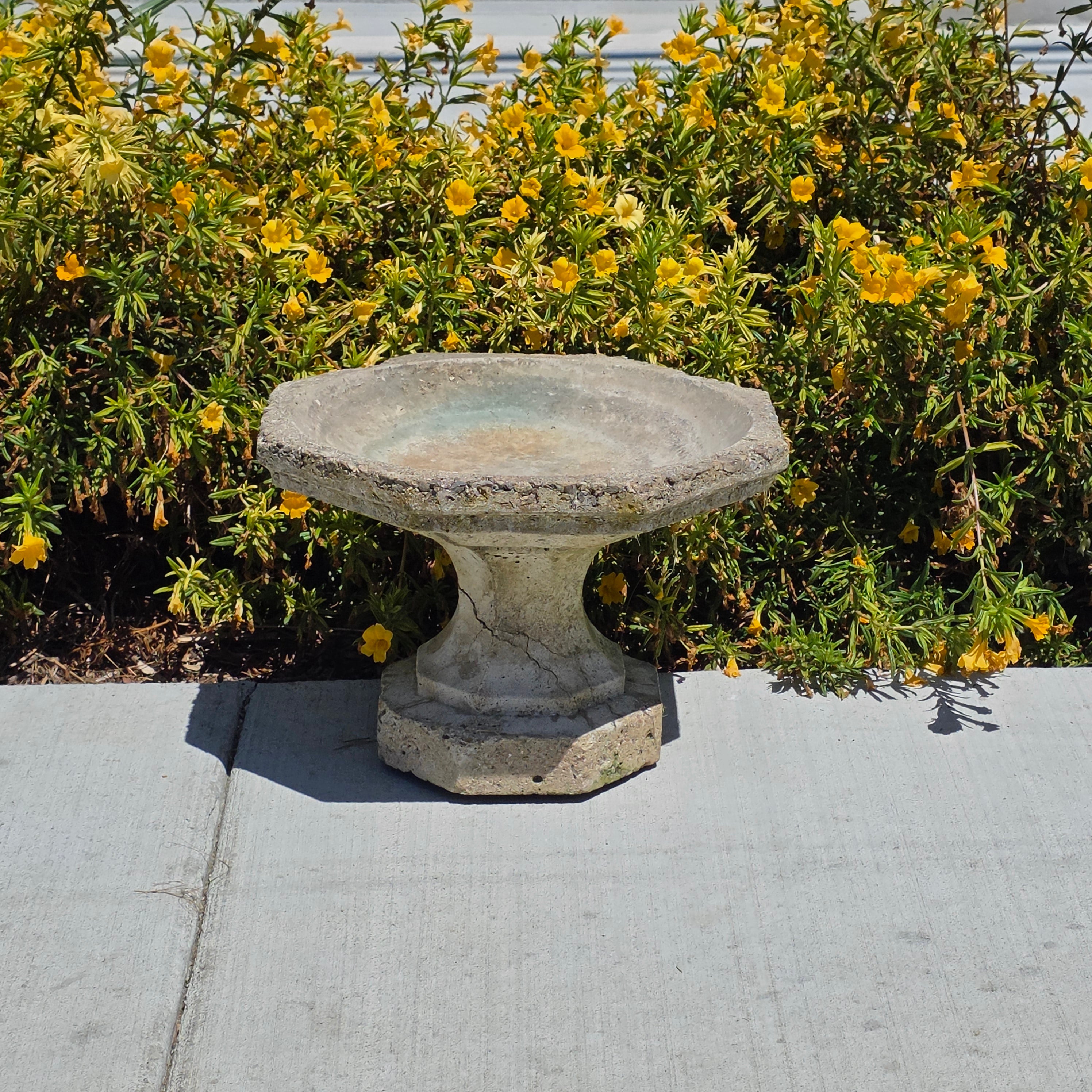 Vintage Concrete Bird Bath Octagonal Small Low Profile Pedestal Garden Fountain