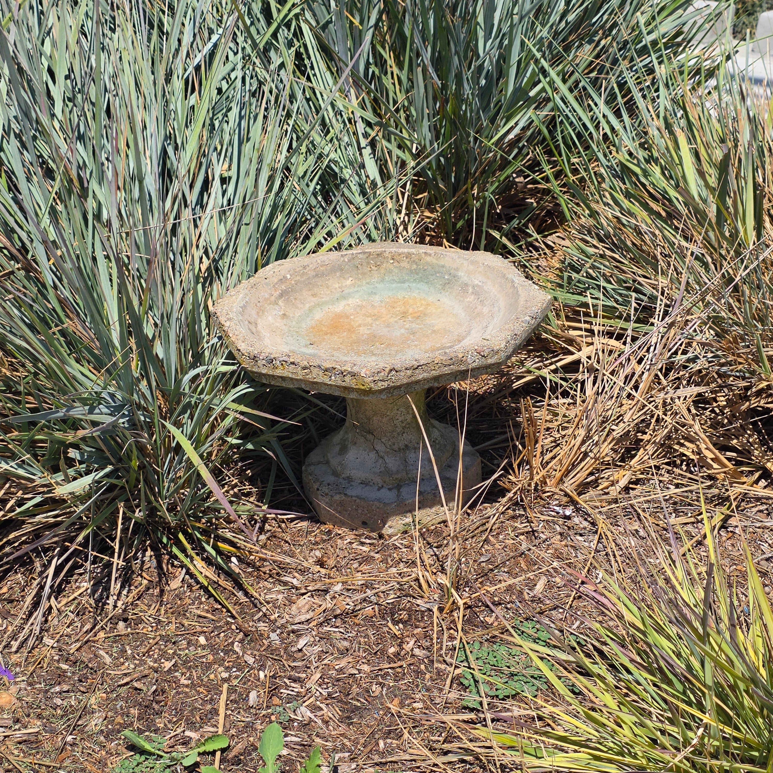 Vintage Concrete Bird Bath Octagonal Small Low Profile Pedestal Garden Fountain