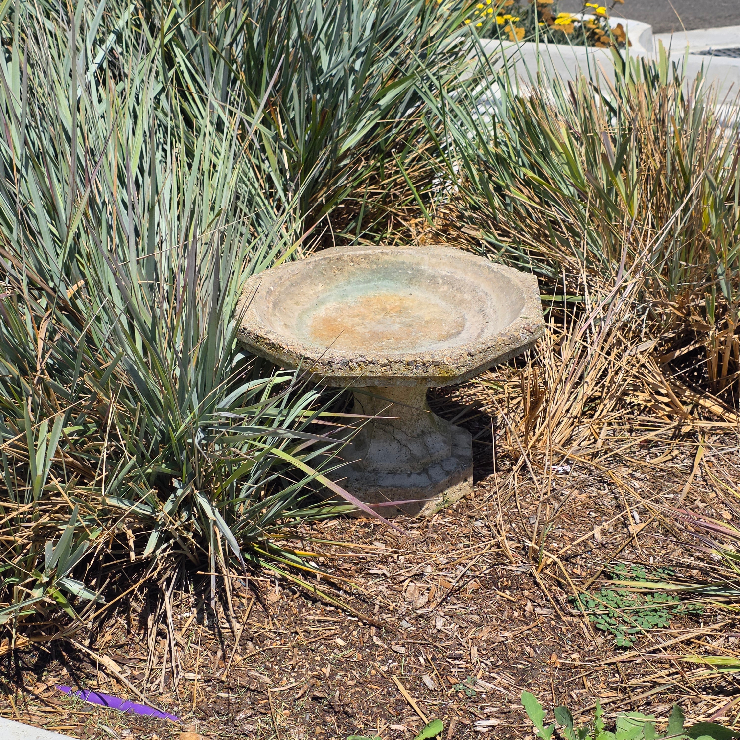 Vintage Concrete Bird Bath Octagonal Small Low Profile Pedestal Garden Fountain