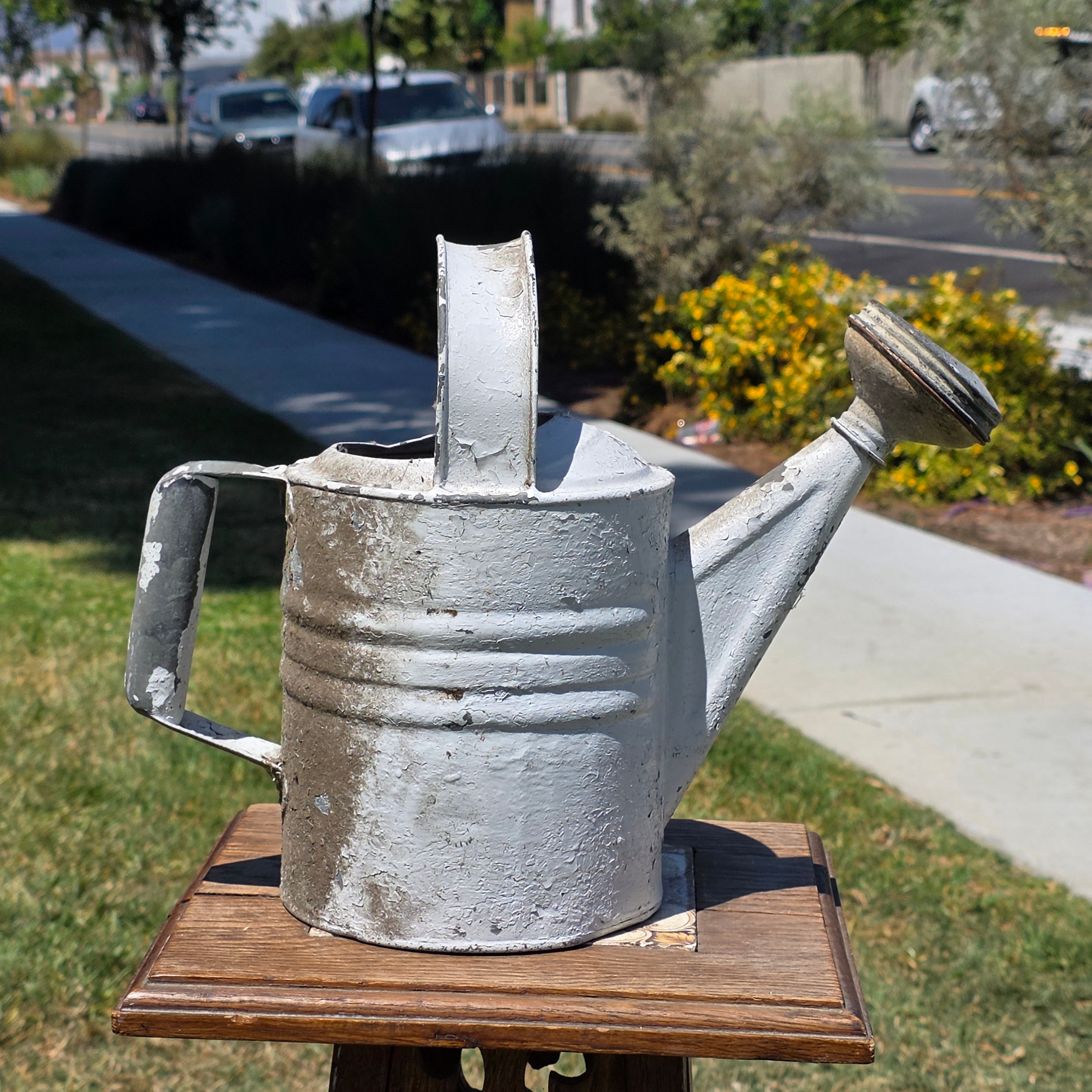 Vintage Galvanized Zinc Watering Can White Distressed Metal Garden Sprinkler Pot