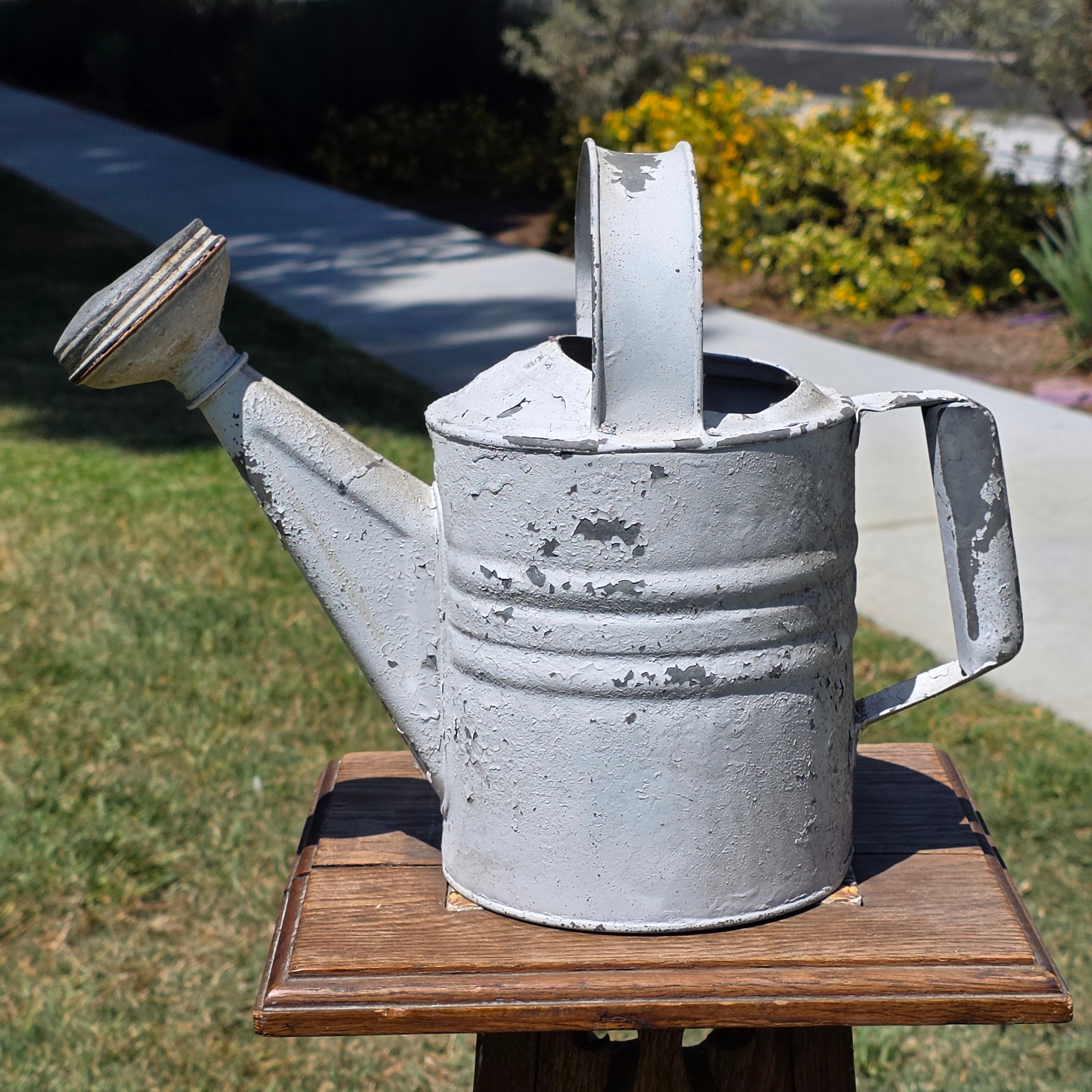 Vintage Galvanized Zinc Watering Can White Distressed Metal Garden Sprinkler Pot