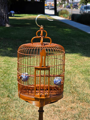 Vintage Chinese Bamboo Bird Cage Round Large Carved Asian Chinoiserie Style