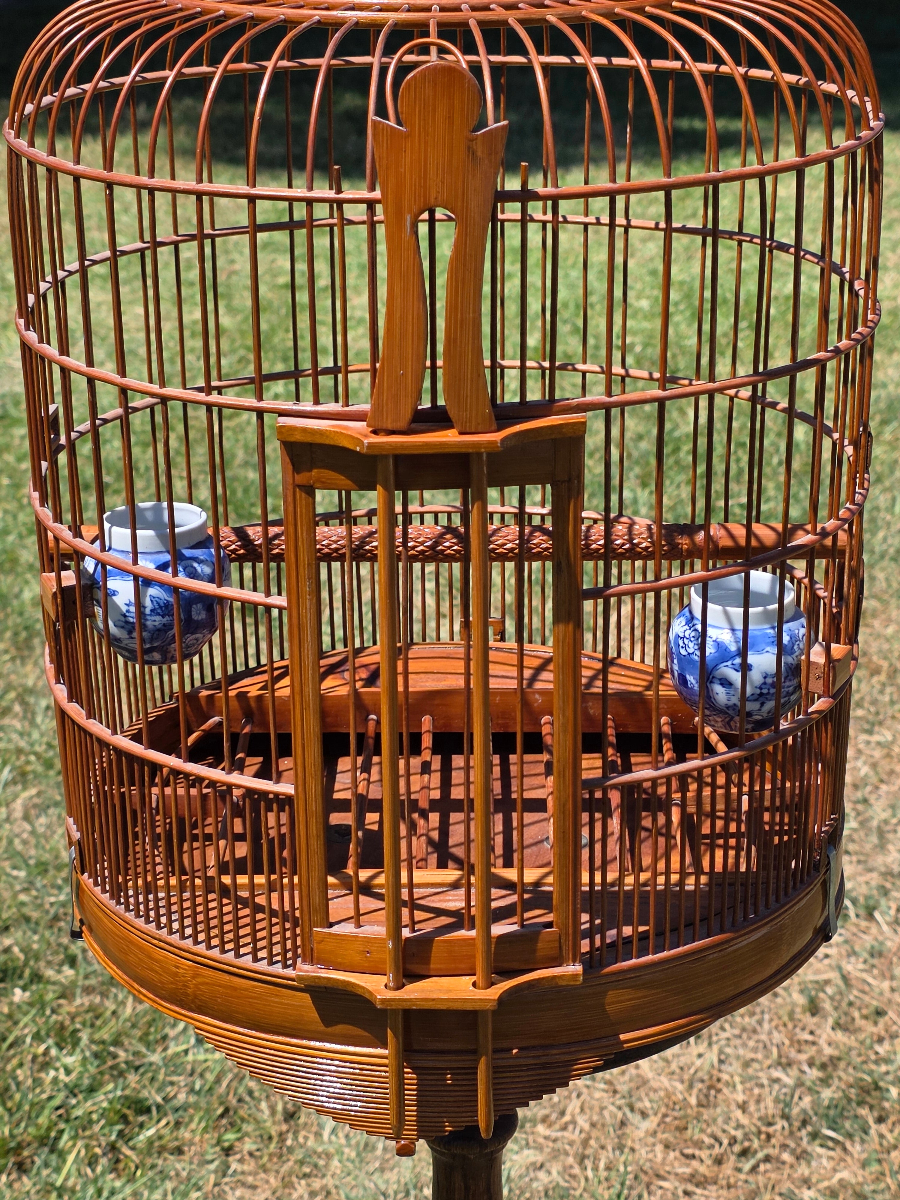 Vintage Chinese Bamboo Bird Cage Round Large Carved Asian Chinoiserie Style