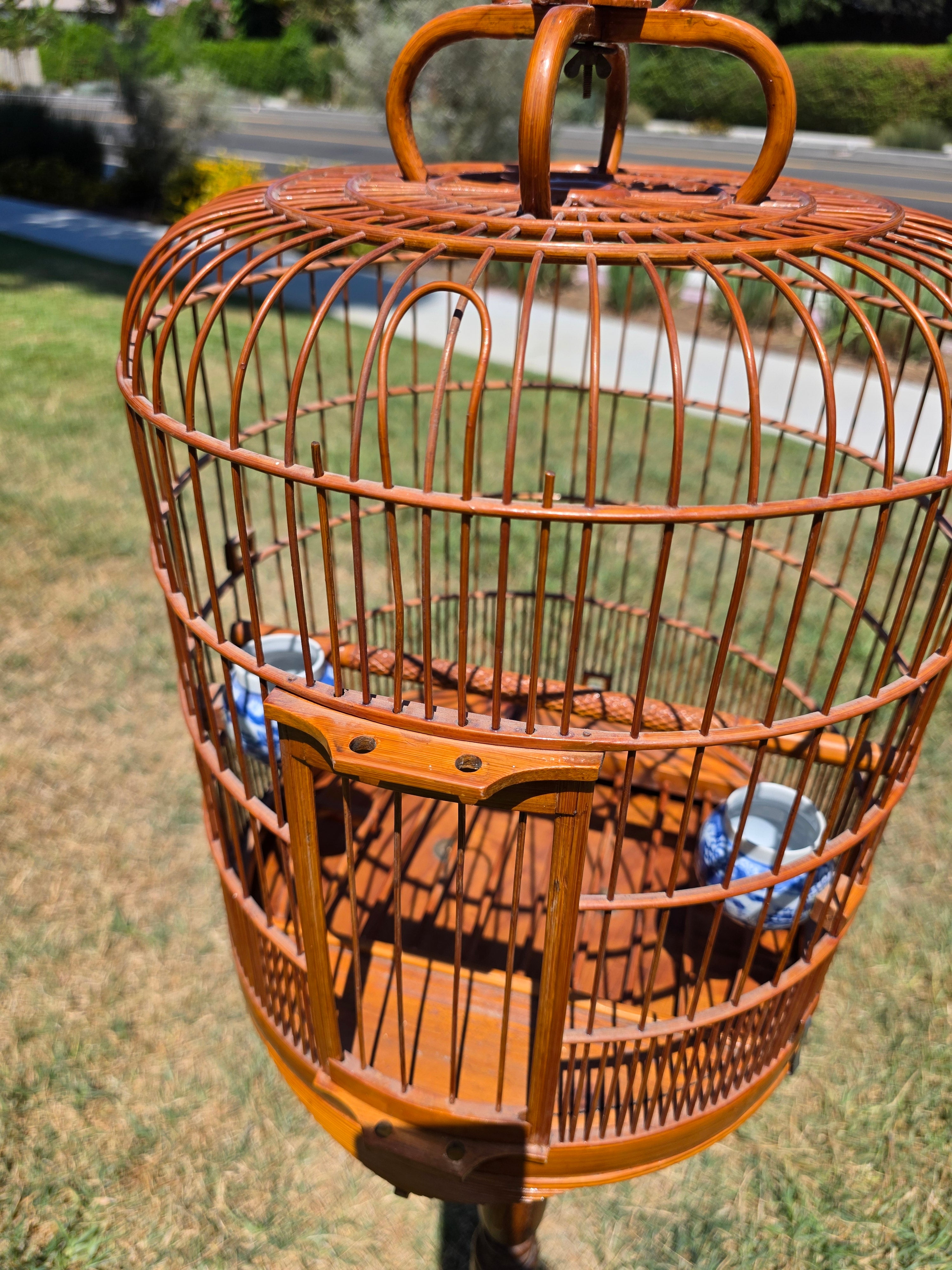 Vintage Chinese Bamboo Bird Cage Round Large Carved Asian Chinoiserie Style
