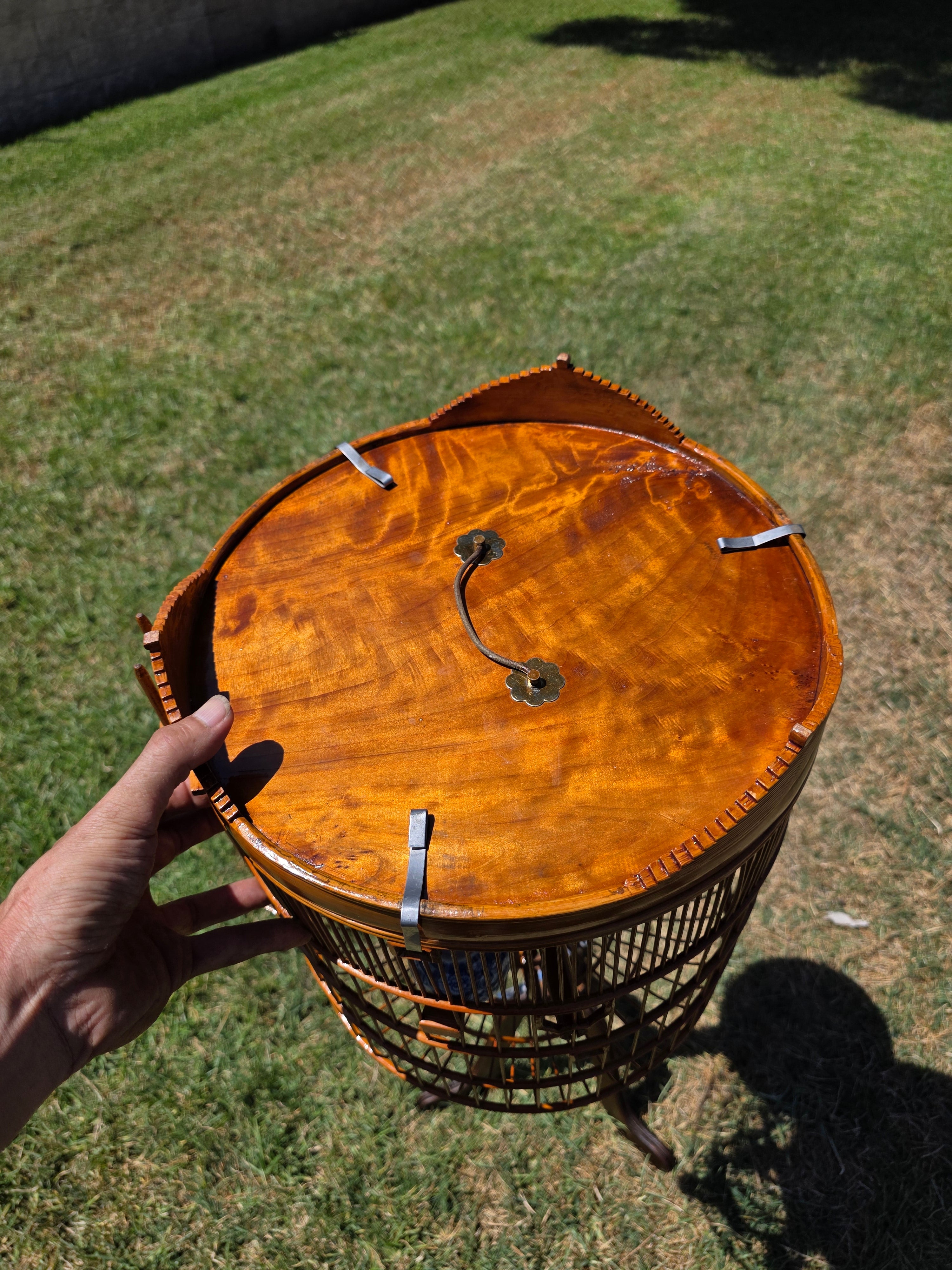Vintage Chinese Bamboo Bird Cage Round Large Carved Asian Chinoiserie Style