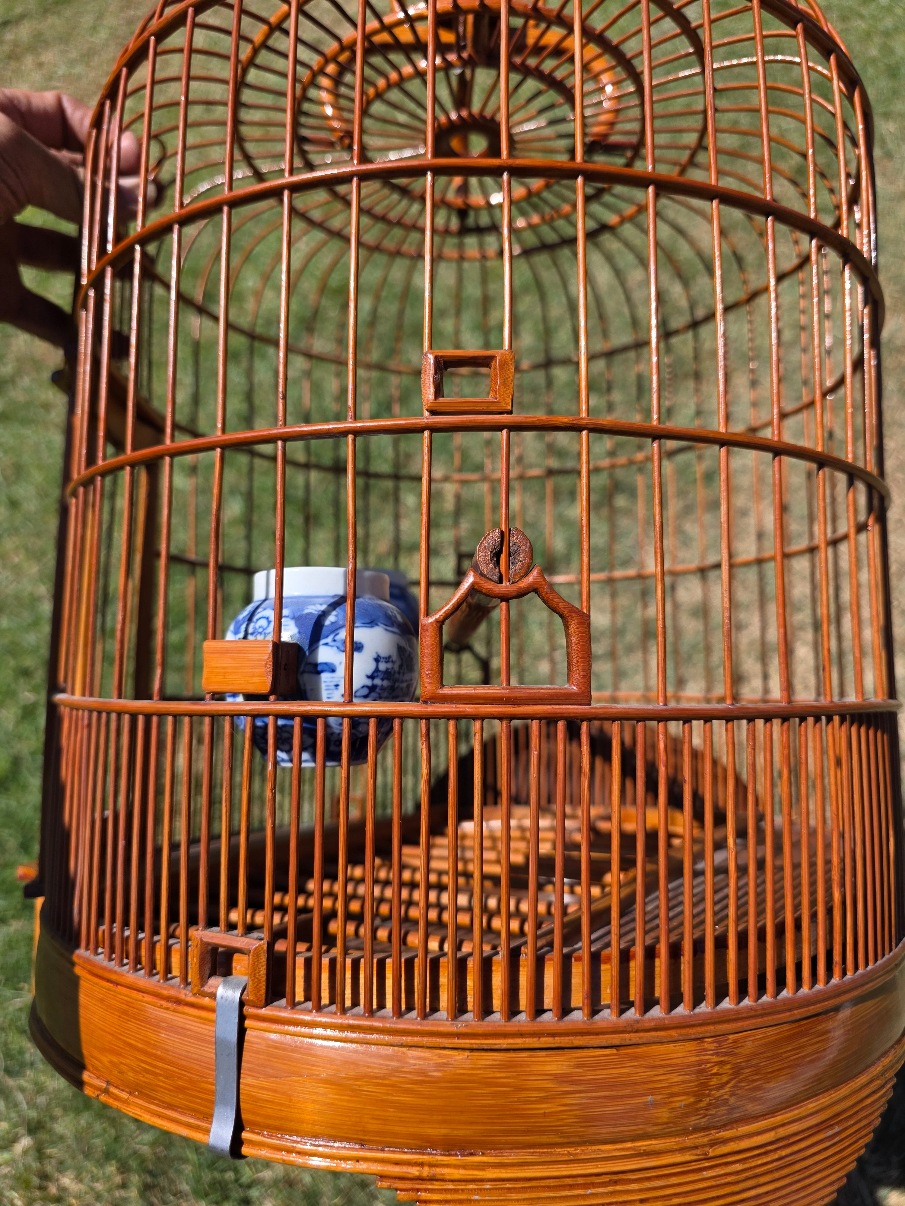 Vintage Chinese Bamboo Bird Cage Round Large Carved Asian Chinoiserie Style