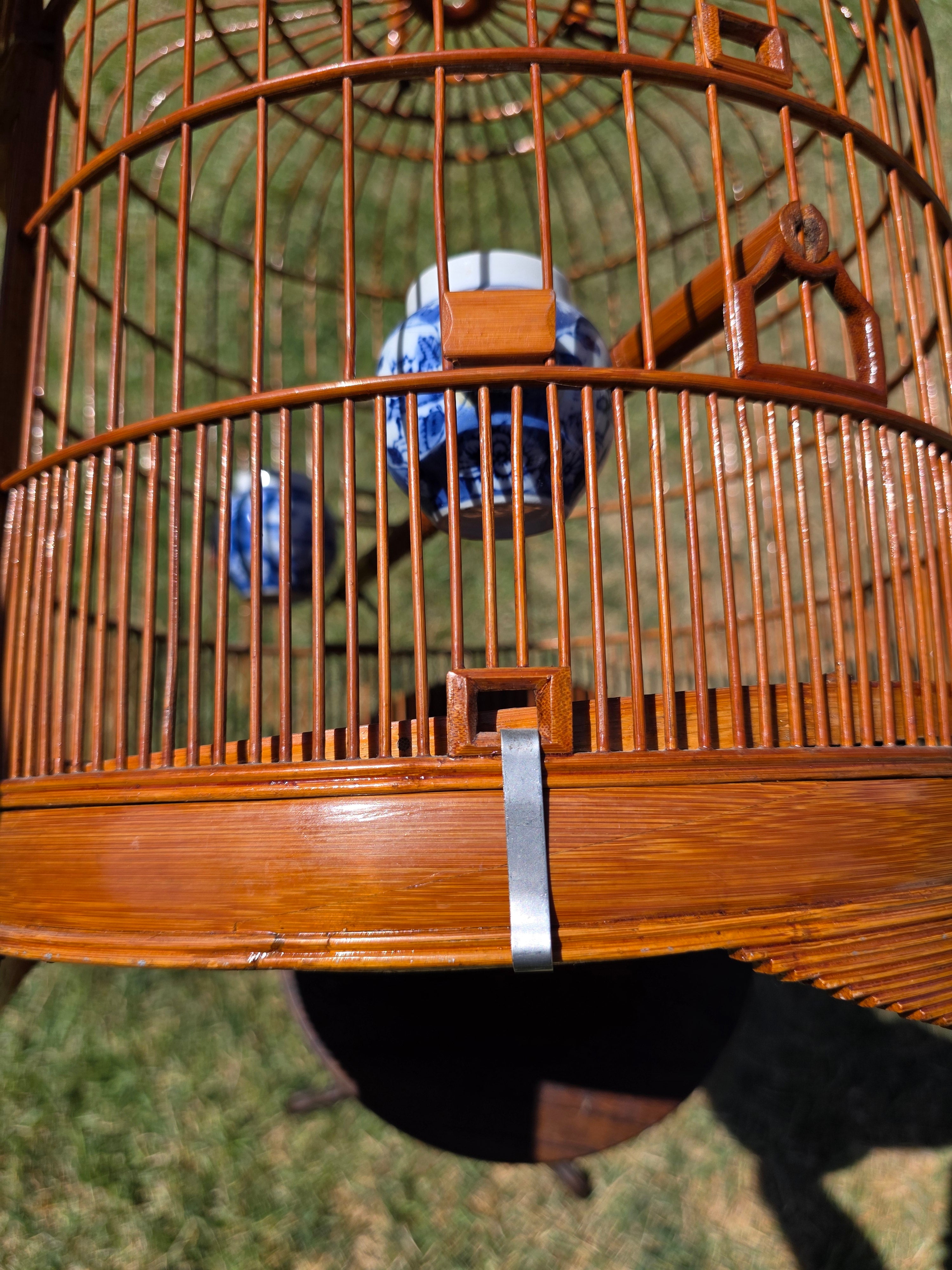 Vintage Chinese Bamboo Bird Cage Round Large Carved Asian Chinoiserie Style