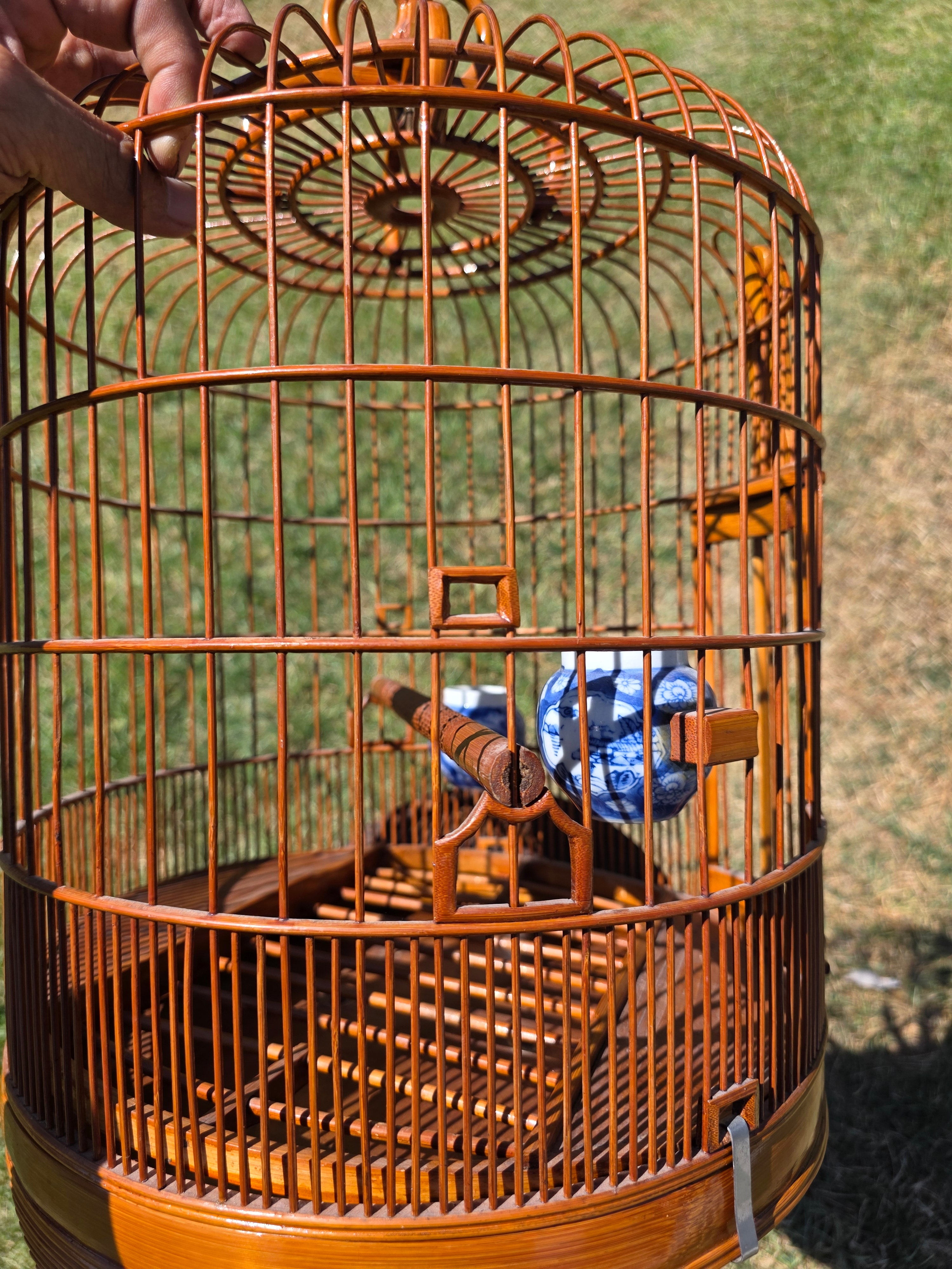 Vintage Chinese Bamboo Bird Cage Round Large Carved Asian Chinoiserie Style