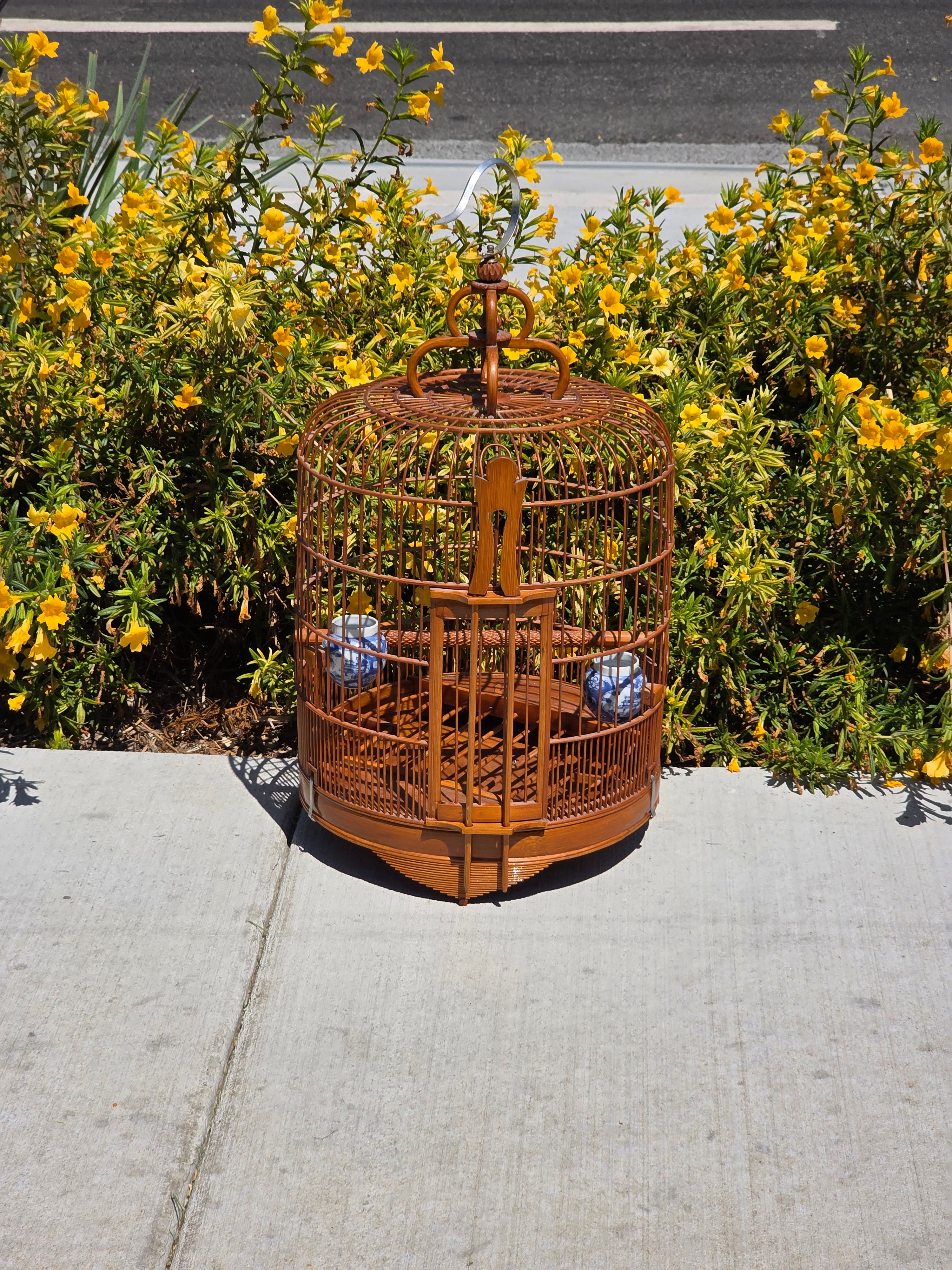 Vintage Chinese Bamboo Bird Cage Round Large Carved Asian Chinoiserie Style