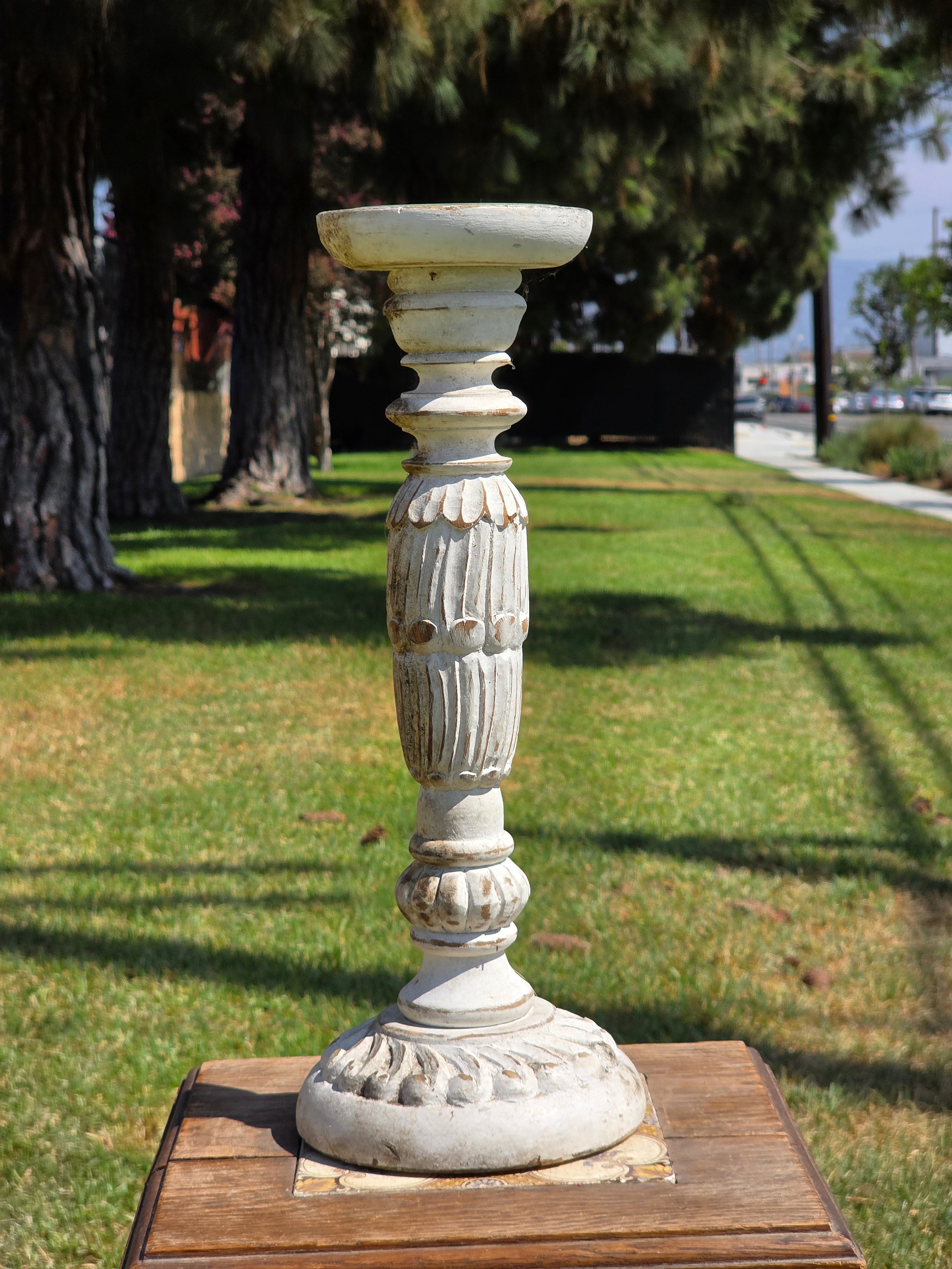 Vintage Shabby Chic White Wooden Pillar Candle Holder Large 15.5" Farmhouse Rise