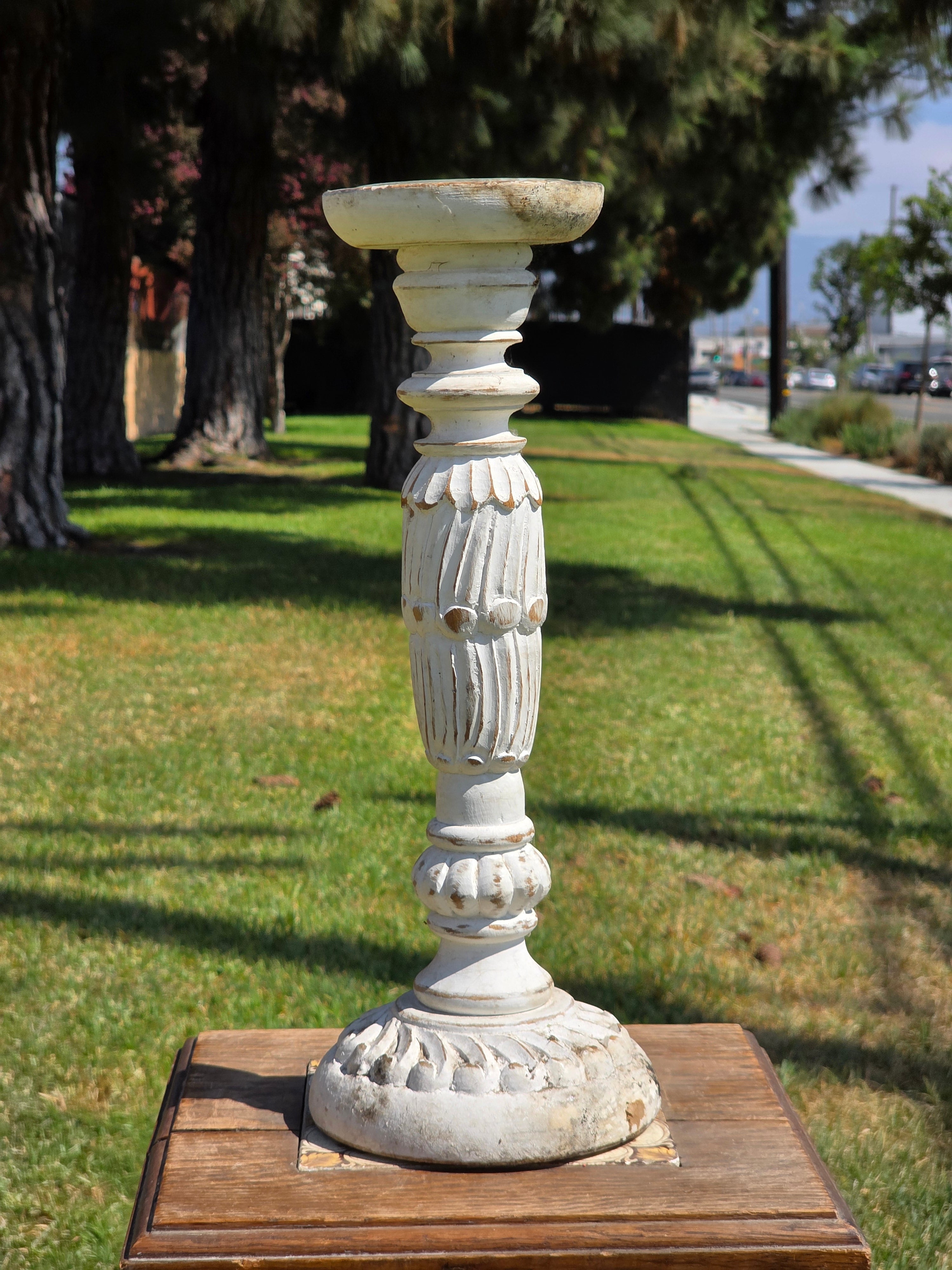 Vintage Shabby Chic White Wooden Pillar Candle Holder Large 15.5" Farmhouse Rise