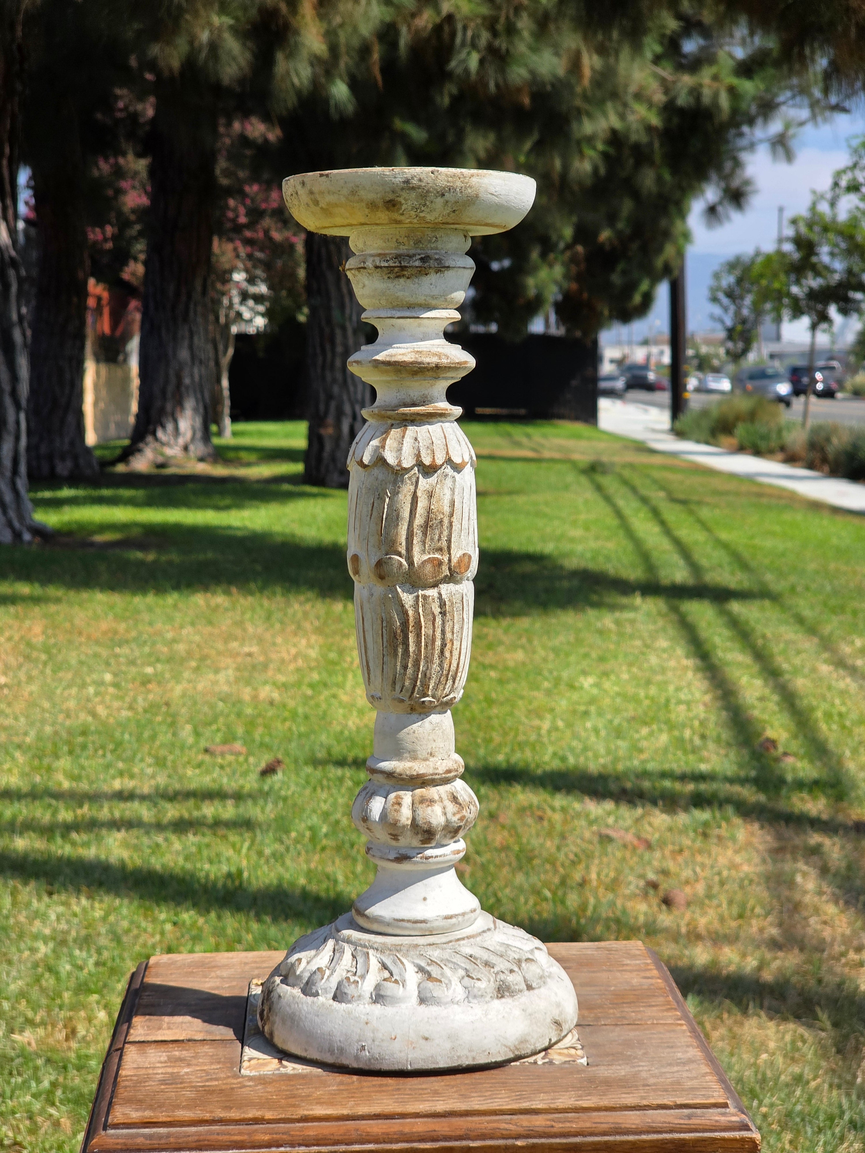 Vintage Shabby Chic White Wooden Pillar Candle Holder Large 15.5" Farmhouse Rise